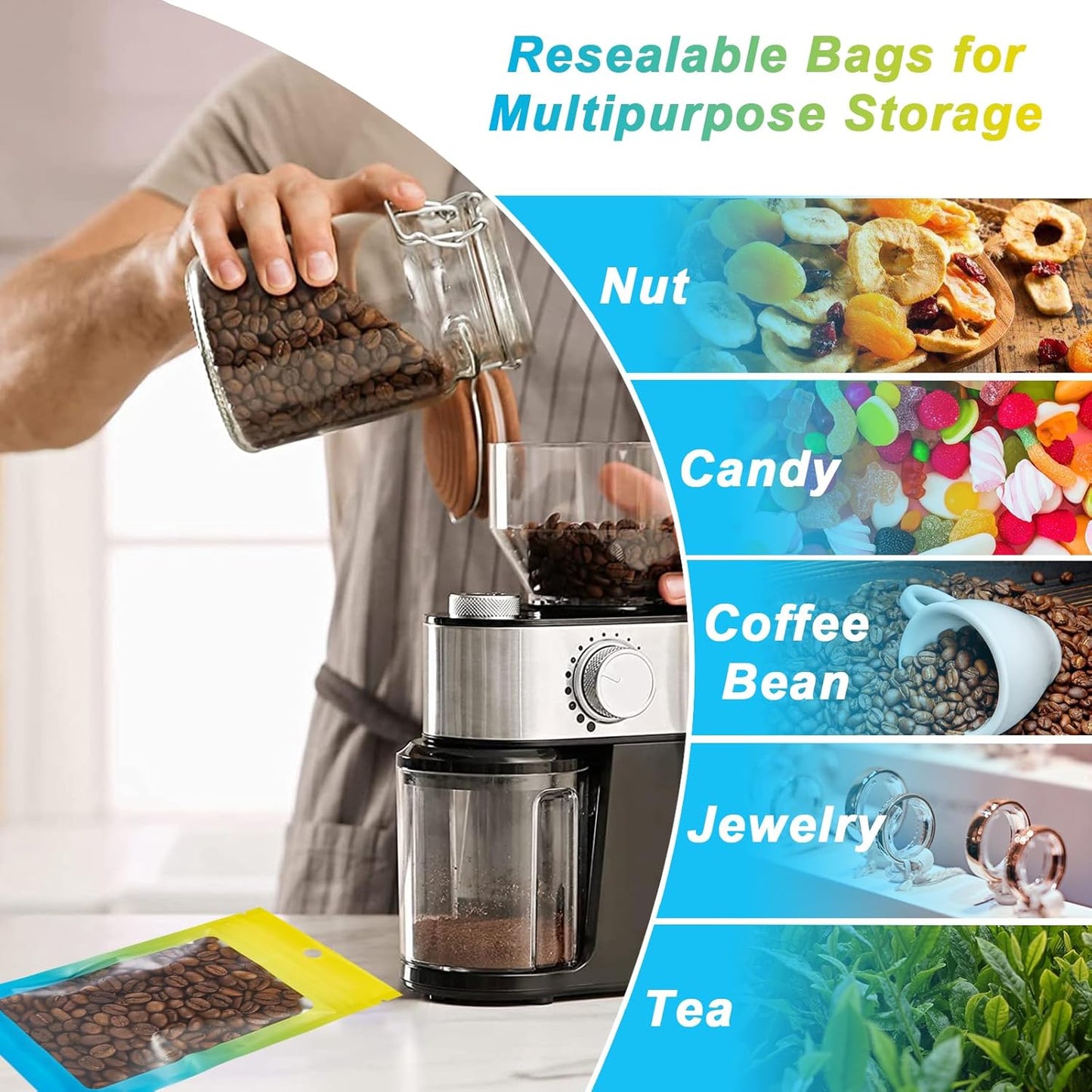 100 Pcs Resealable Mylar Bags, Gradient Color Food Storage Bags, Zip Bag Foil Bags Packaging Pouch for Food Storage, Sample, Small Business (Yellow Blue, 3.1 X 4.7 Inch)