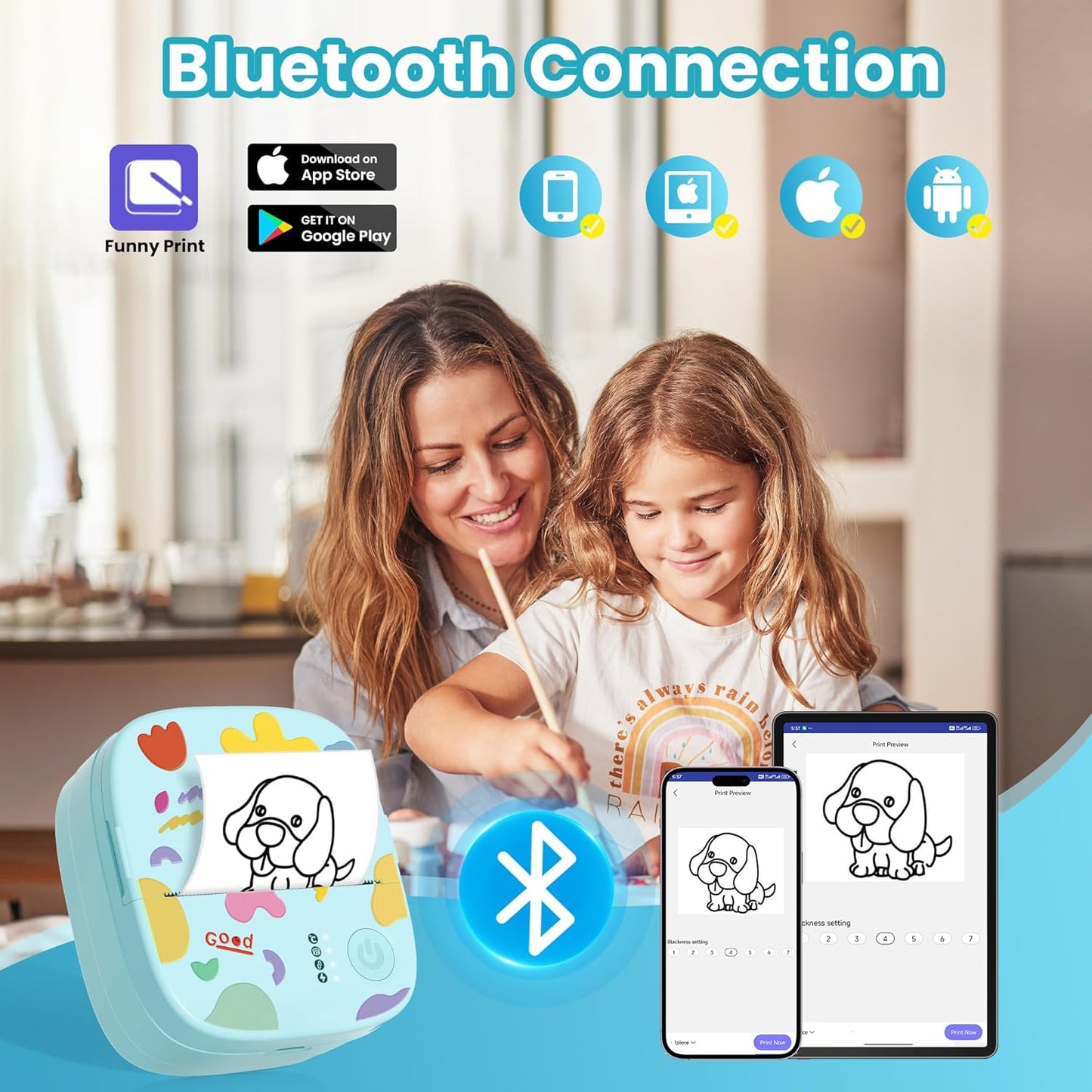 Mini Portable Sticker Printer, Mini Thermal Printer with 3 Rolls Paper, Bluetooth Inkless Printpods, Pocket Label Maker Suitable for Creative DIY, Diaries, Photos, Study Notes - Blue