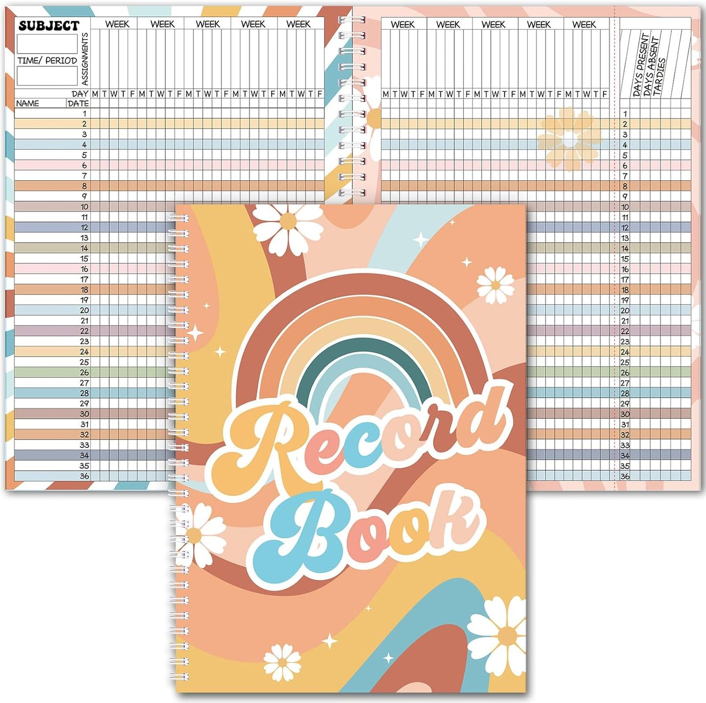 Teacher Record Book Teacher Grade Books 2025-2026 Spiral Bound Record Class Grade Book Office Favors Gift for Classroom Attendance Supplies Decoration Double Sided(Retro Groovy)