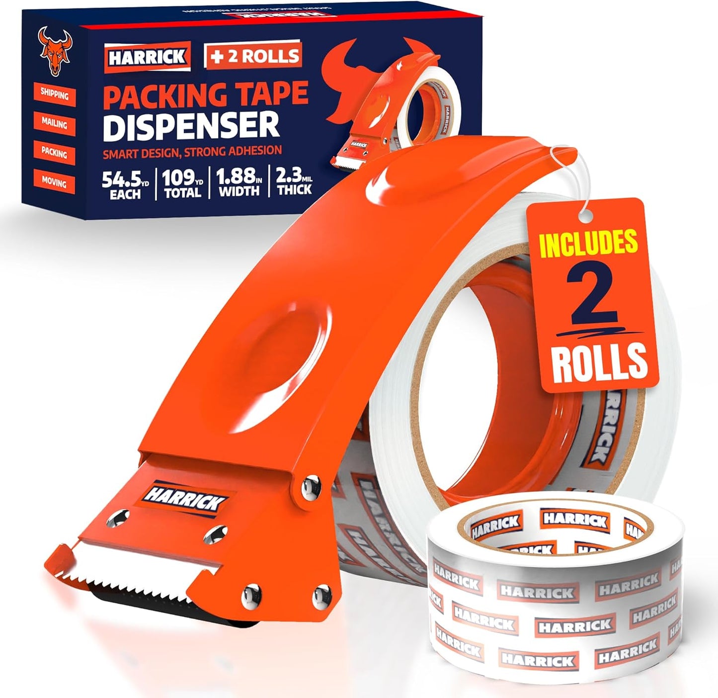 Clear Packing Tape with Dispenser 1.88 inch - Metal Strong & Durable Heavy Duty Packing Tape with Dispenser - Strong Strapping Tape with Dispenser Easy Tear & Seal - 2 Rolls / 1 Dispenser / 109 Yards