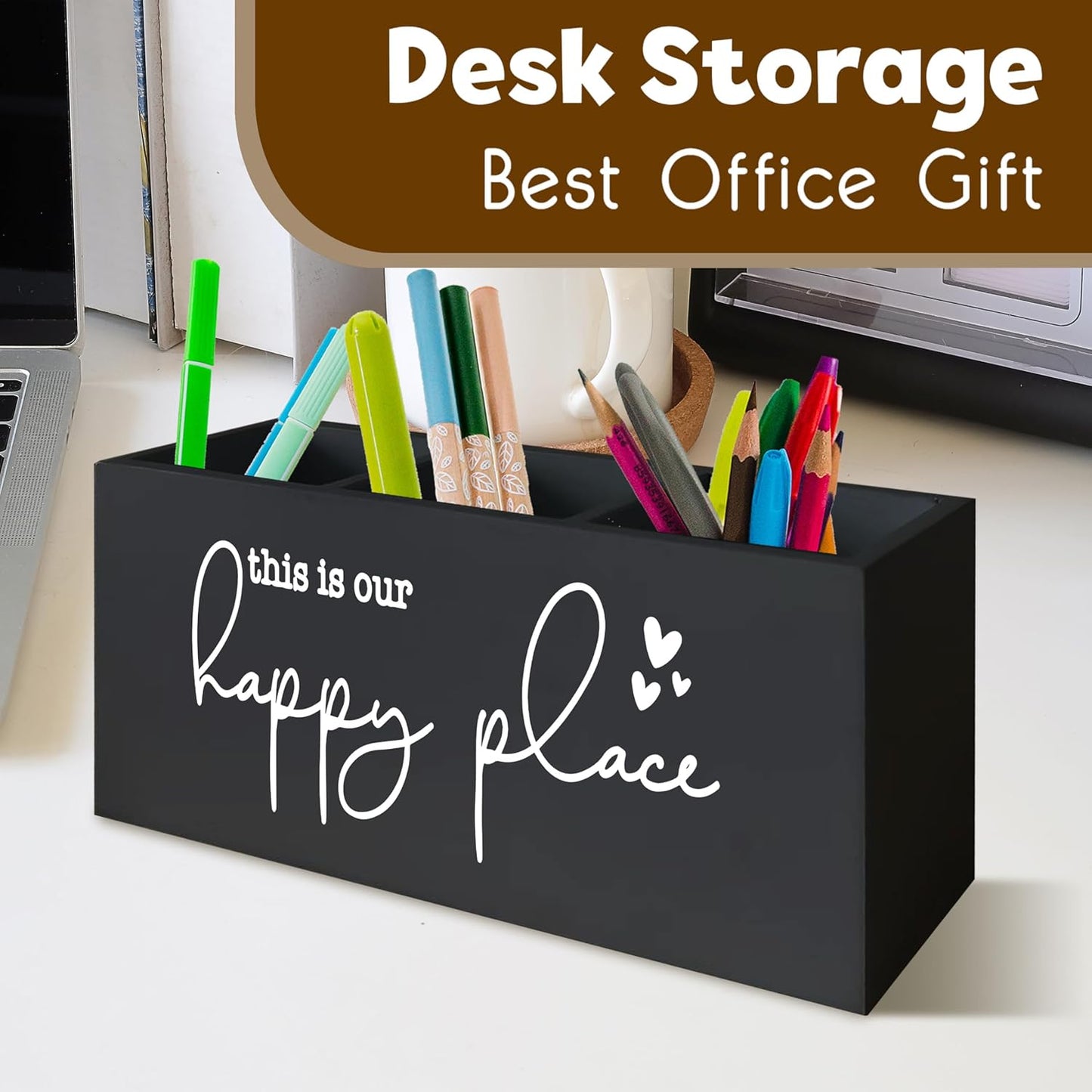 Inspirational Quote This is Our Happy Place Rustic Porch Bathroom Kitchen Decor Wooden Pencil Holder Organizer for Home Office Accessories Inspirational Desk Pen Holder,Housewarming Gifts