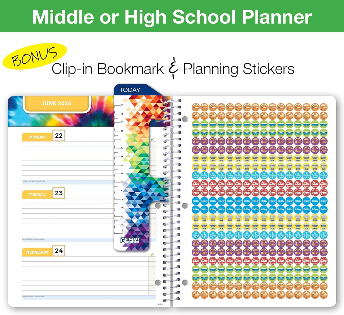 Global Datebooks Dated Middle School or High School Student Planner for Academic Year 2025-2026 Includes Ruler/Bookmark and Planning Stickers (Block Style - 8.5"x11" - Rainbow Linen)