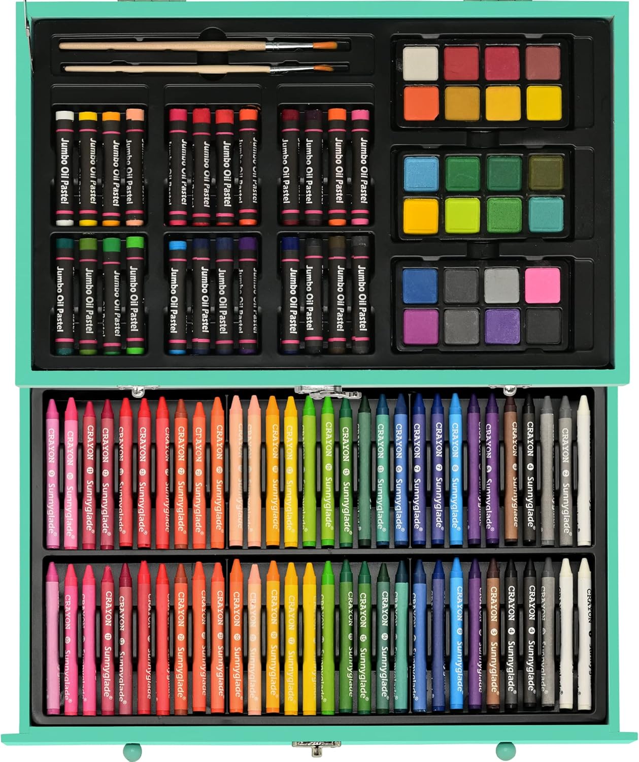 Sunnyglade 145 Piece Deluxe Art Set, Wooden Art Box & Drawing Kit with Crayons, Oil Pastels, Colored Pencils, Watercolor Cakes, Sketch Pencils, Paint Brush, Sharpener, Eraser, Color Chart (Green)