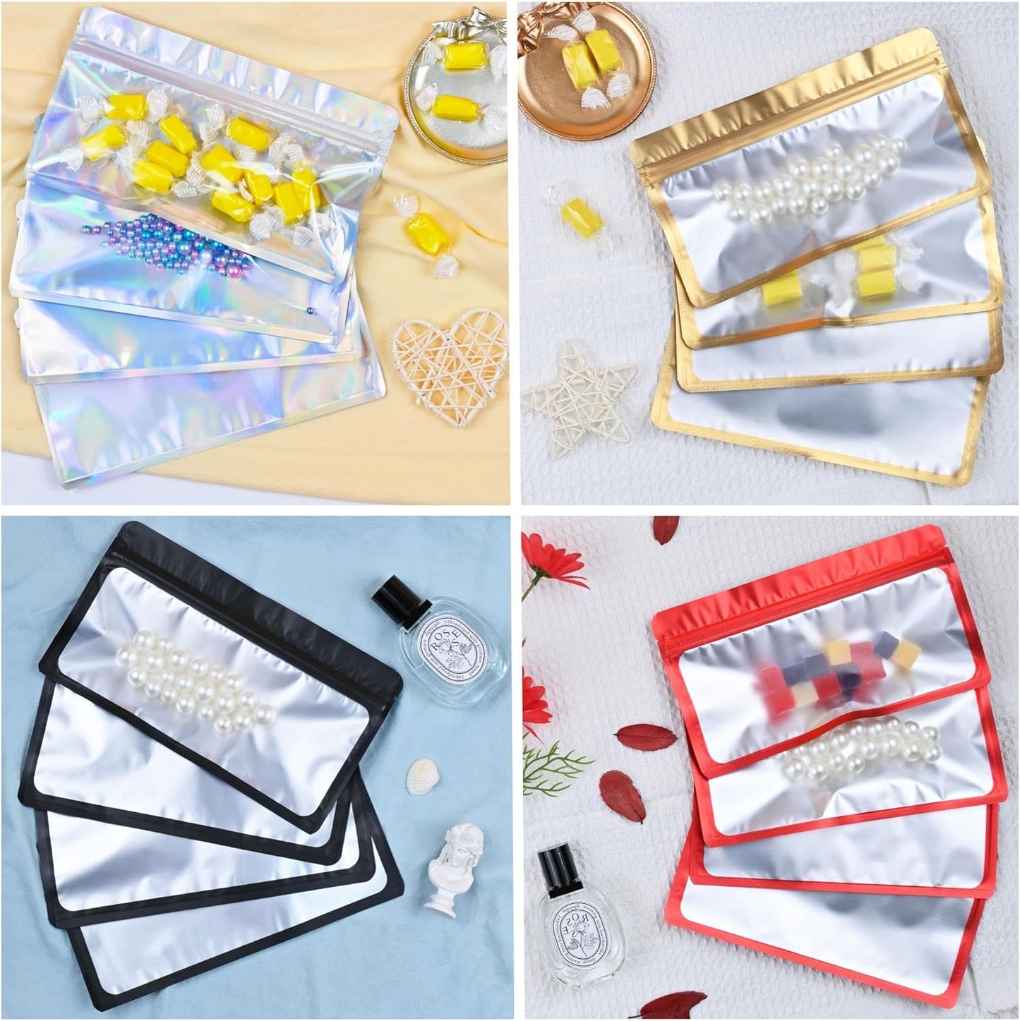 Resealable Mylar Pouch Holographic Bag Great for Office Home Party Favor Food Storage Cookies Sample Jewelry Snack (100PCS, White Color, 5 x 8.6 inch)