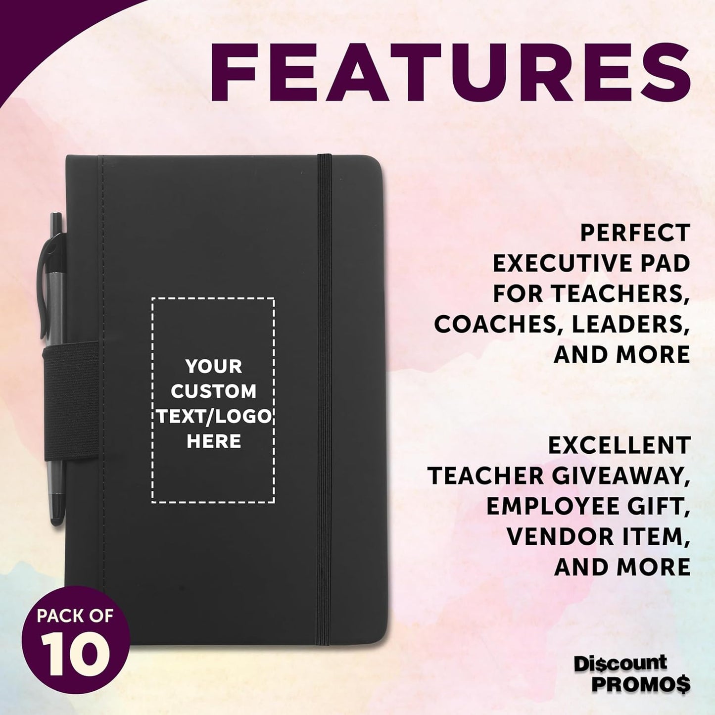 DISCOUNT PROMOS 10 Executive Notebooks with Pen Pack - Customizable Text, Logo - 6 x 8.5 inches, Recycled, Pen Loop, Closure Strap - Black