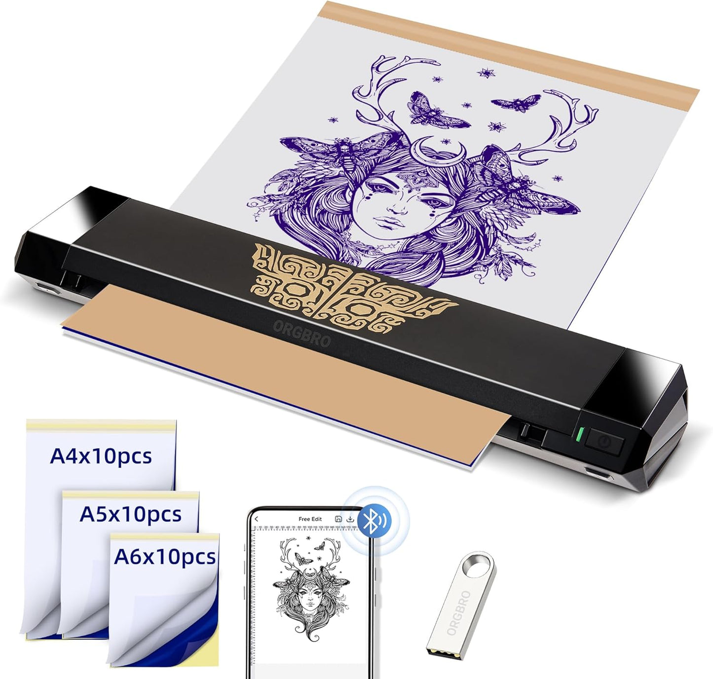 ORGBRO Tattoo Stencil Printer, X8 Thermal Tattoo Transfer Printer with 30pcs Transfer Paper, A4/A5/A6 3-in-1 Wireless Tattoo Machine for Tattoo Artists & Beginners, Compatible with Phone/Tablet/PC
