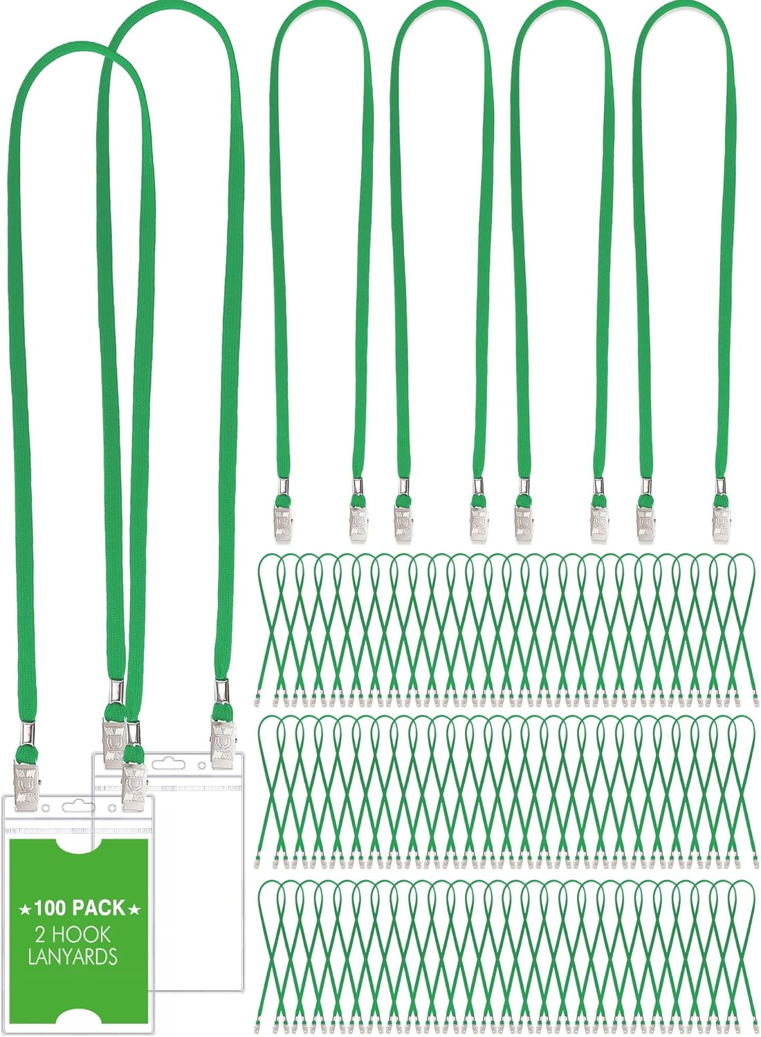 Patelai 100 Pack Double Clip Lanyards Bulk Face Mask Lanyard Twist Free 2 Hook Design Adjustable Badge Neck Strap for Conference Office Class Essential Back to School Gifts ID Card Keychain (Green)