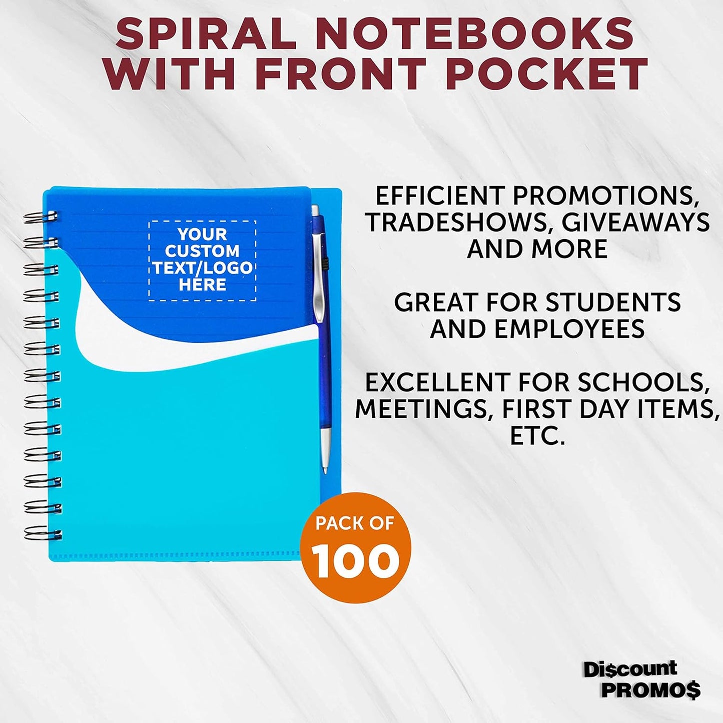 DISCOUNT PROMOS Custom Spiral Notebooks with Front Pocket Set of 100, Personalized Bulk Pack - Durable Plastic Cover, Includes Matching Pen in Blank Ink, Perfect for School, Office, Home - Blue