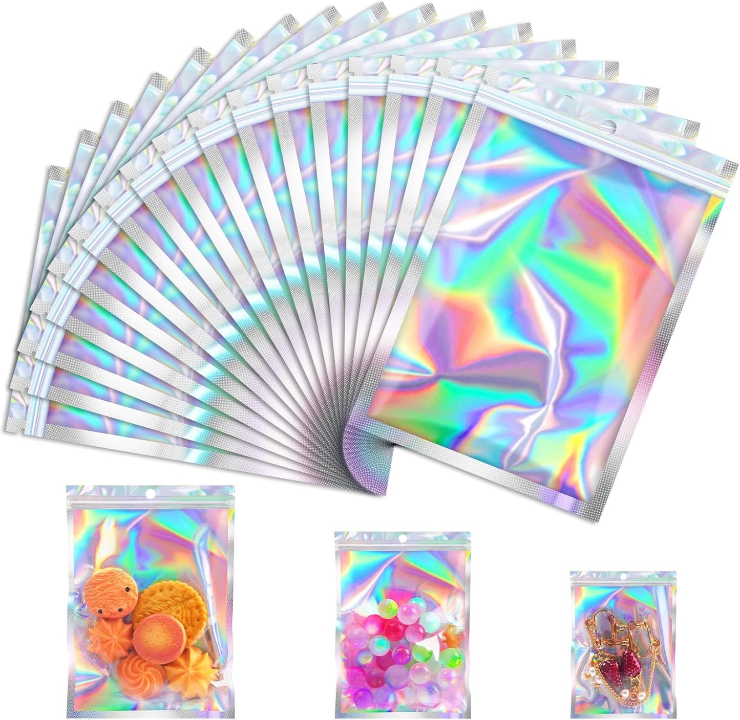 100 Pcs Smell Proof Bag, Zip Lock Mylar Bags with Clear Window, Resealable Holographic Bag for Gift, Jewelry, Snack, Candy, Treat, Small Business Packaging Bags, Small Goody Baggies (4x6in)