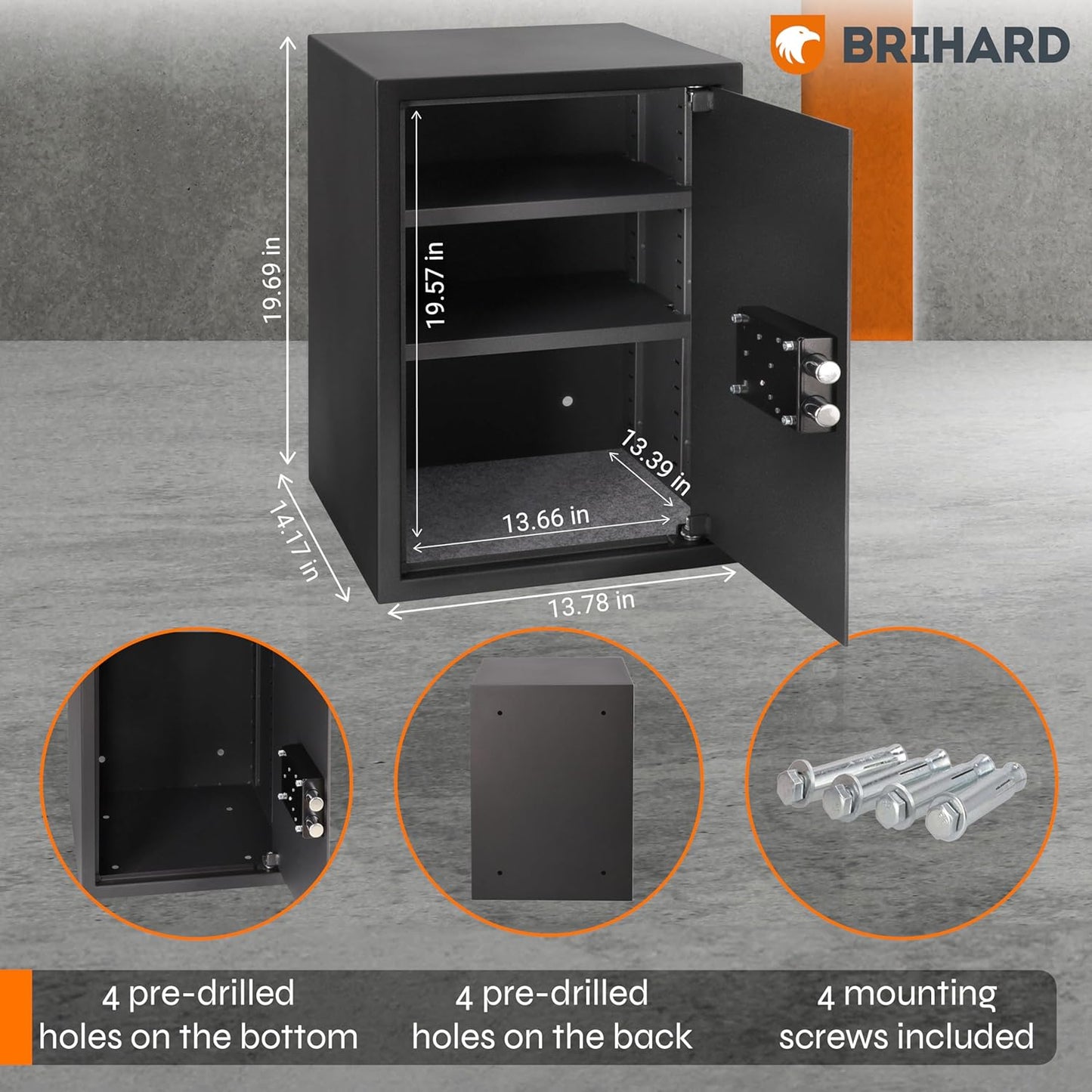 Business XL Key Lock Safe 19.69"H x 13.78"W x 14.17"D with Fireproof Bag, Large Office Safe 2.12 Cubic Feet for Documents A4 with 2 Height-Adjustable Shelves, Key Safe Box for Money & Jewelry