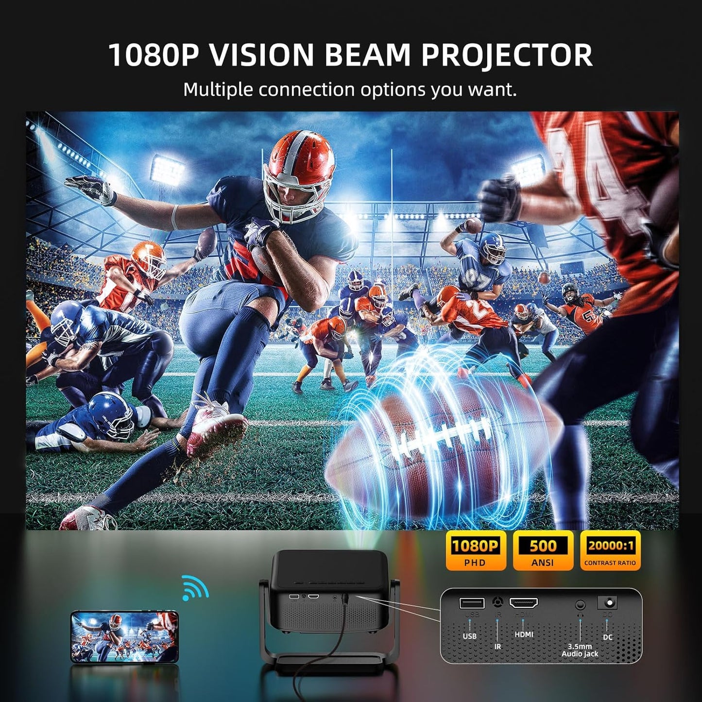 [360°Adjustable Stand] Mini Projector with WiFi and Bluetooth: Electric Focus & Auto Keystone 1080P 500 ANSI Bluetooth Projector, ONOAYO AY3 Portable Movie Phone Projector for Home Upgrade Black