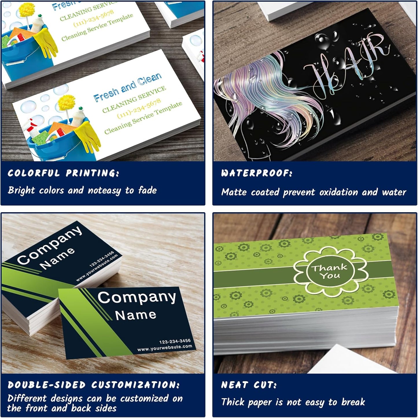 Custom Business Cards With Logo - Personalized Cleaning Service Template, Double Sided 3.5"x 2" Waterproof Cards for Small Business - 100, 200, 500, 1000 Printable