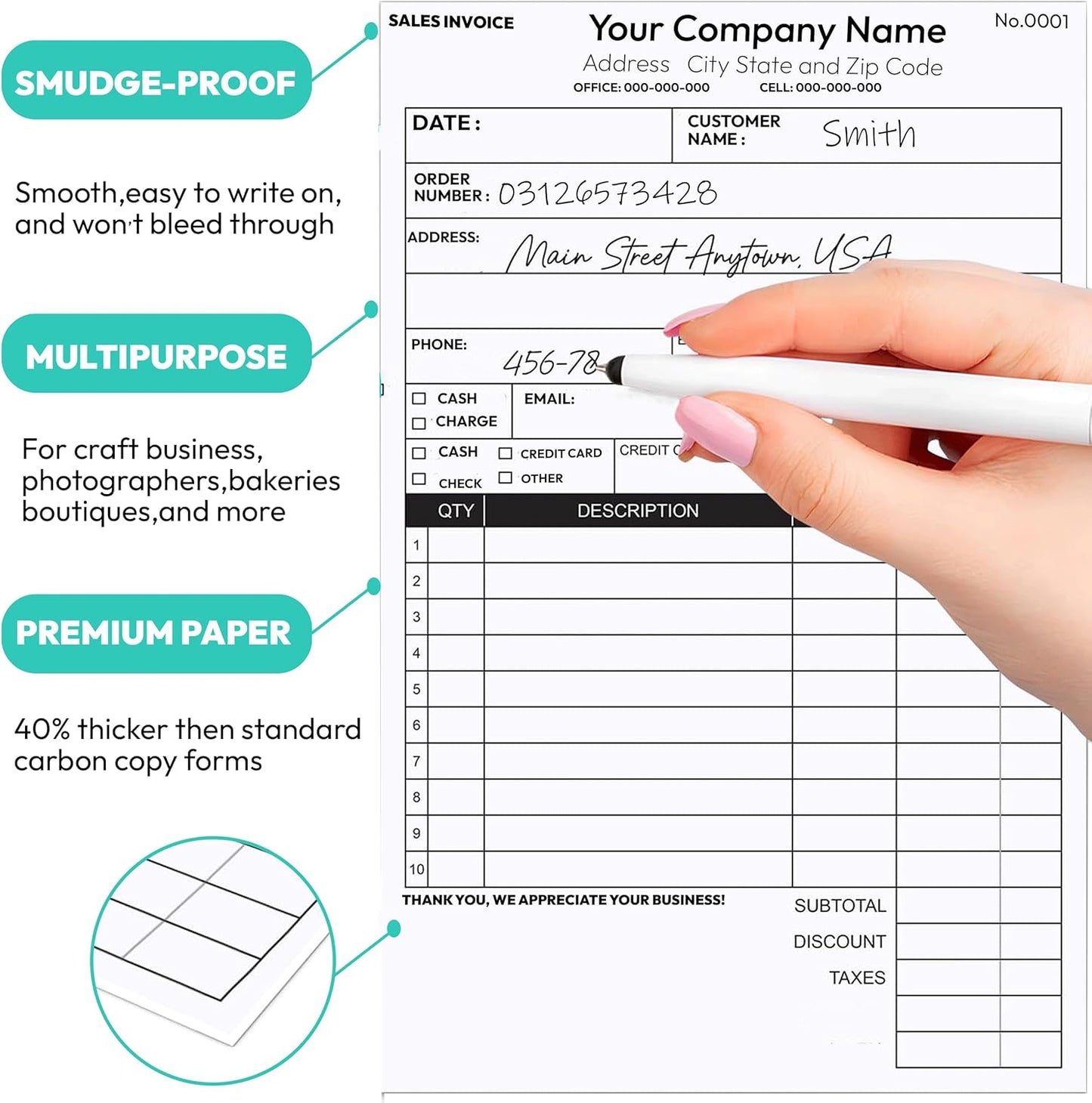 Custom 5.5" X 8.5" Invoice Receipt Book, Carbonless NCR Invoice Book in 2-Part Duplicate Receipts, Estimates, Purchase Orders, Sales Orders, Price Forms with Your Company/Business Name