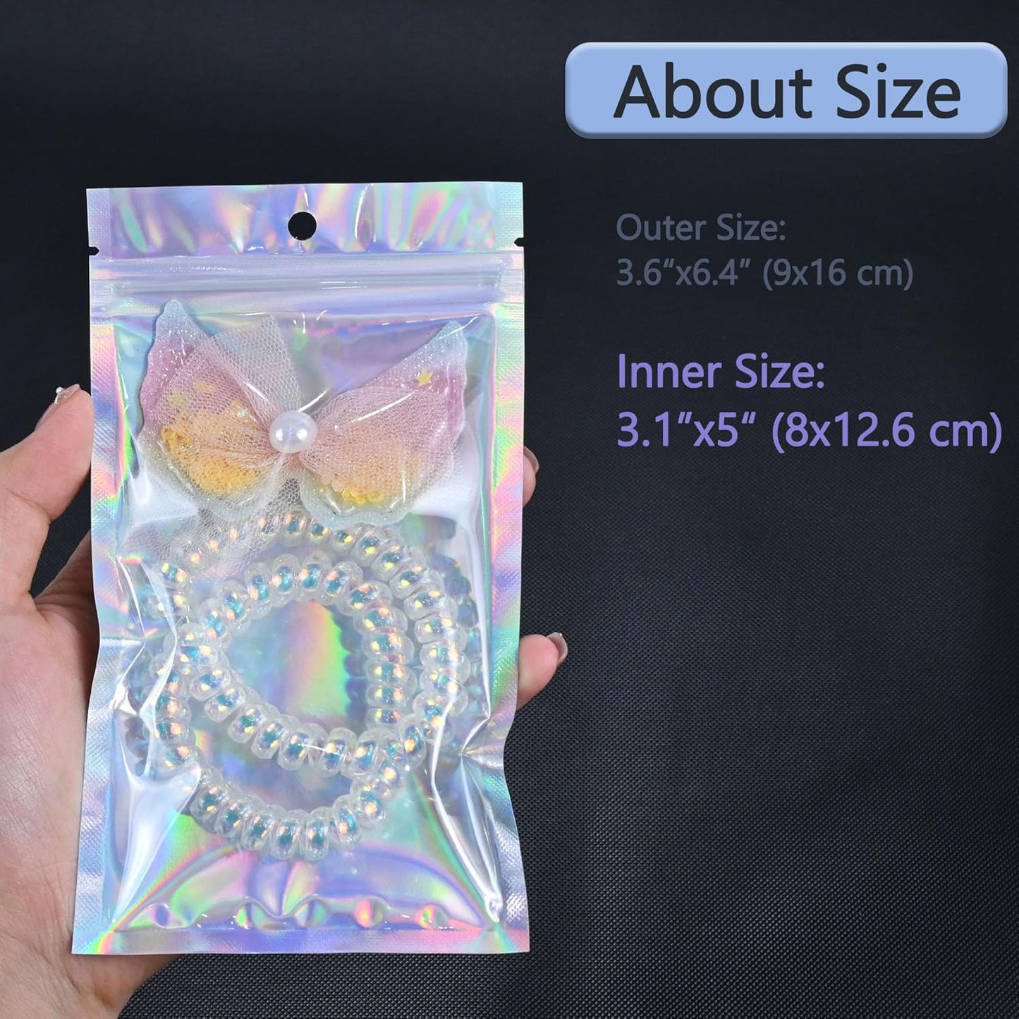 100 Pack Holographic Resealable Plastic Bags for Food Storage, Zipper Bags with Clear Front Window, Packaging Pouch for Small Business (100 Pack, 3.6x6.4 inch)