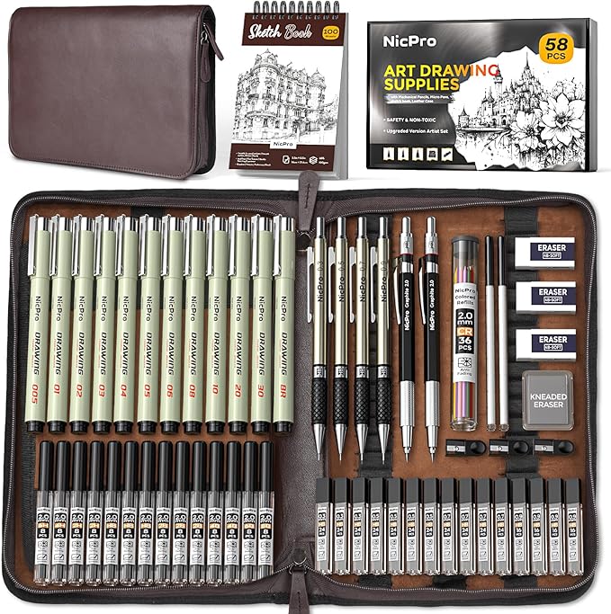 Nicpro 58 PCS Art Drawing Supplies Kit in Leather Case, Art Mechanical Pencil by Nicpro