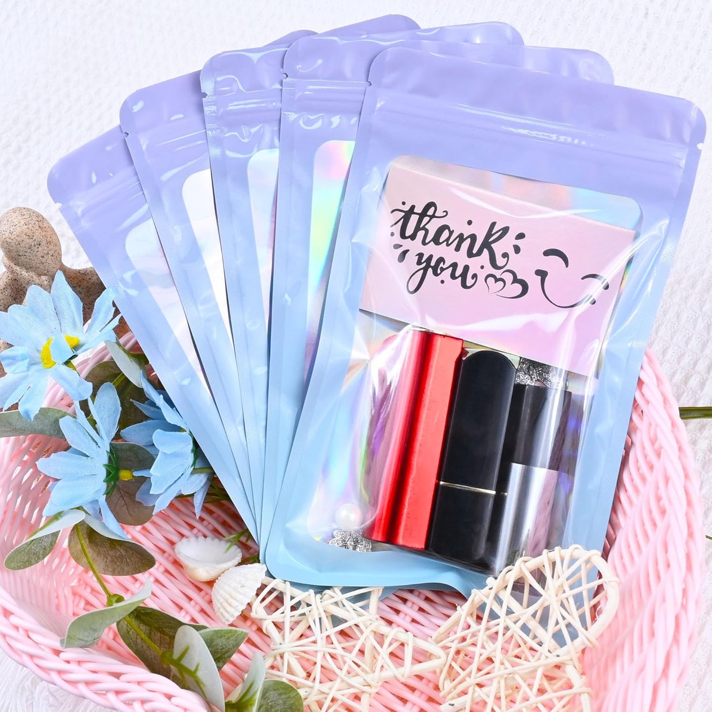 Resealable Mylar Pouch Pen Bags Great for Office Home Party Favor Food Storage Cookies Sample Jewelry Snack (100PCS, Pink and Blue Color, 3.5 x 6.3 inch)