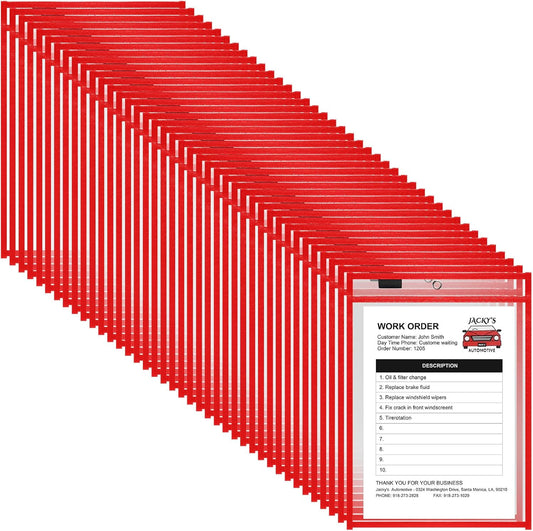 Nezyo Dry Erase Pockets Plastic Job Ticket Holders Shop Holder Order Pockets Clear Sleeves Tickets Folders Plastic Sleeves Paper Teacher Supplies for Classroom(12 x 9.5 in,Red,50 Pcs)
