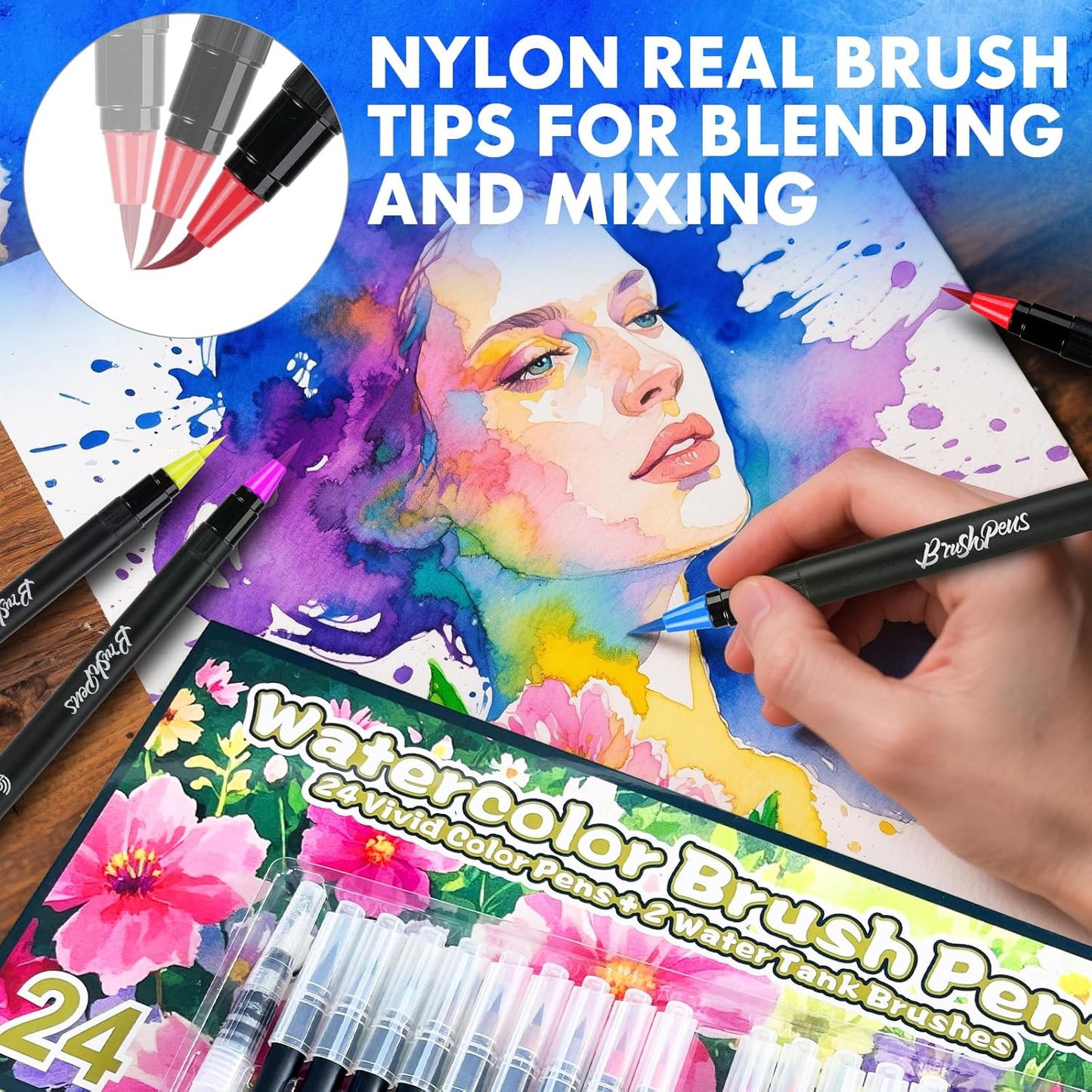 ThEast 24 Watercolor Brush Pens with 2 Refillable Blending Brushes - Flexible Real Nylon Brush Tip Watercolor Markers for Coloring & Journaling & Calligraphy, Art Supplies