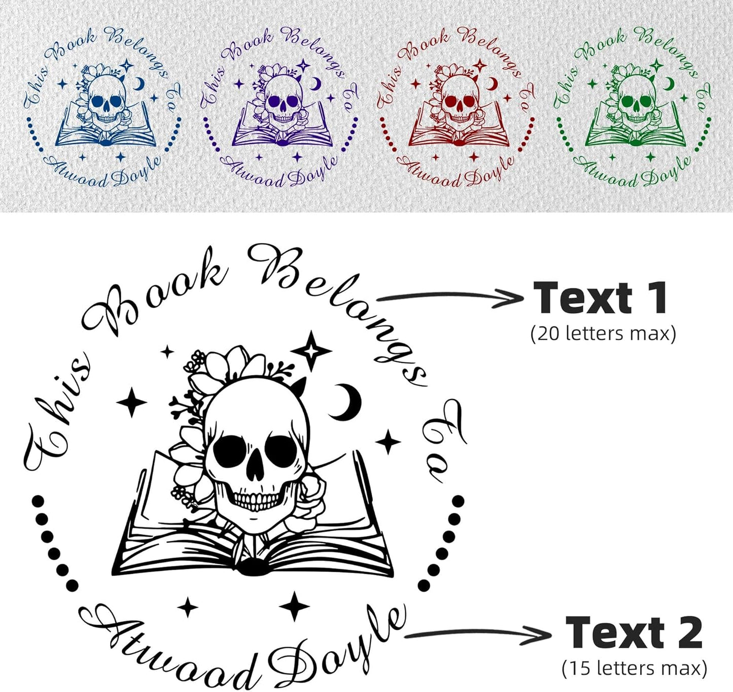 Skull Themed Library Book Embosser， Custom Book Business Card Paper Document Notebook, Self Inking Stamp，Book Lover Gifts，Christmas Gifts (Style04)