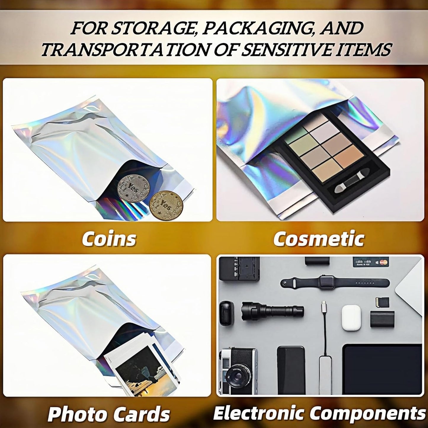 PABCK 100 Pack 4.5×6.5+1.57 inch Holographic Metallic Poly Mailers Self Sealing Packaging Foil Glitter Bags Shipping Envelopes Mailing Storage Pouches for Shipping Packaging