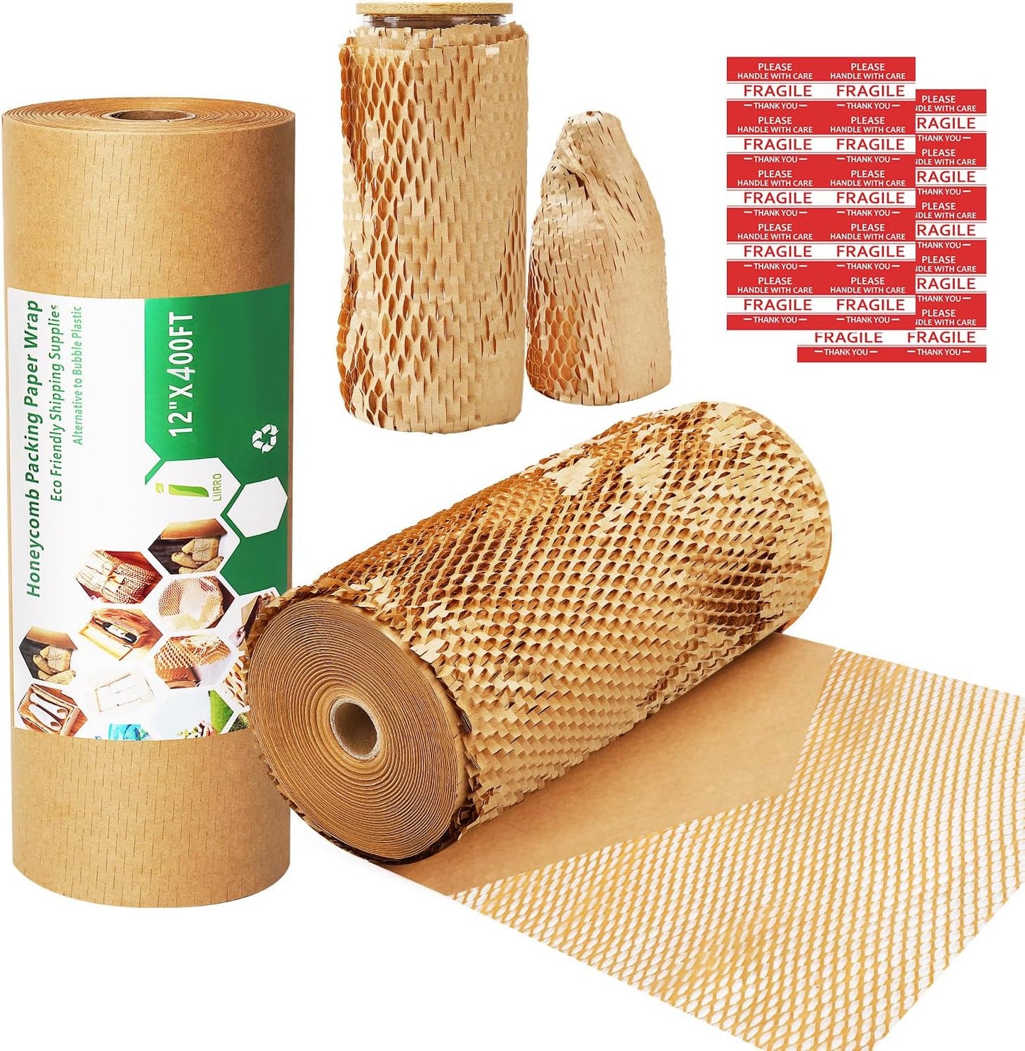 Honeycomb Packing Paper Wrap 12"x400' Sustainable Alternative to Bubble Cushioning Wrap Biodegradable & Fully Recylable for Moving/Shipping/Packing Roll with 20 Fragile Stickers