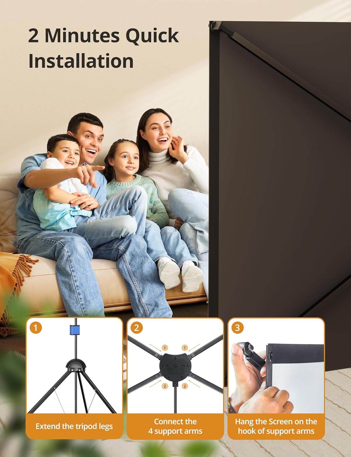 Projector Screen with Stand 80 inch Indoor Outdoor Projector Screen 16:9, 4K HD PVC Projector Screen with 1.5 Gain, projector screen for Backyard Theater and Wall Hanging 2IN1 with Carry Bag, Ground