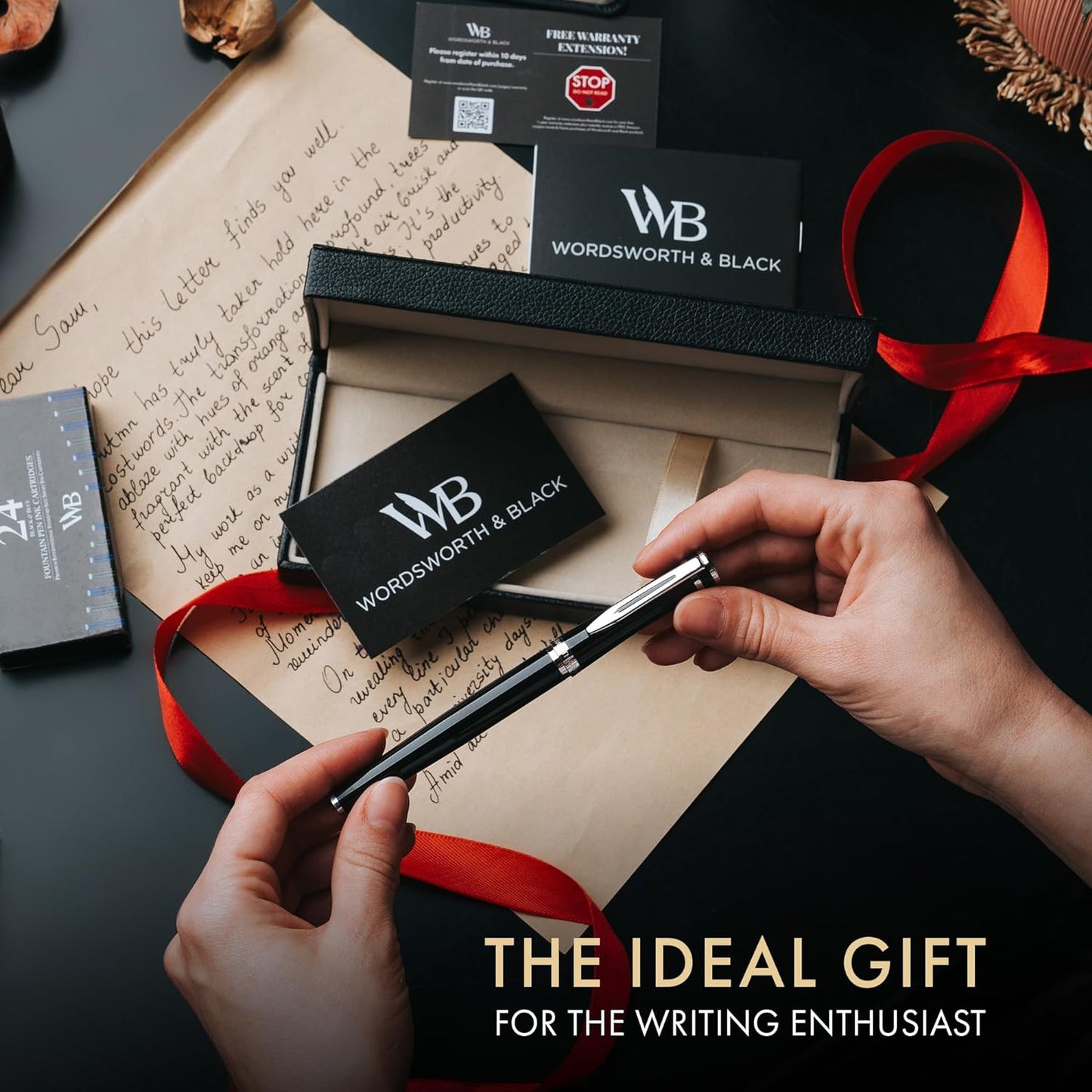 Wordsworth & Black Fountain Pen Set, Medium Nib, Includes 24 Ink Cartridges and Ink Refill Converter, Gift Case, Journaling, Calligraphy, Smooth Writing Pens [Black Chrome], Perfect for Men and Women