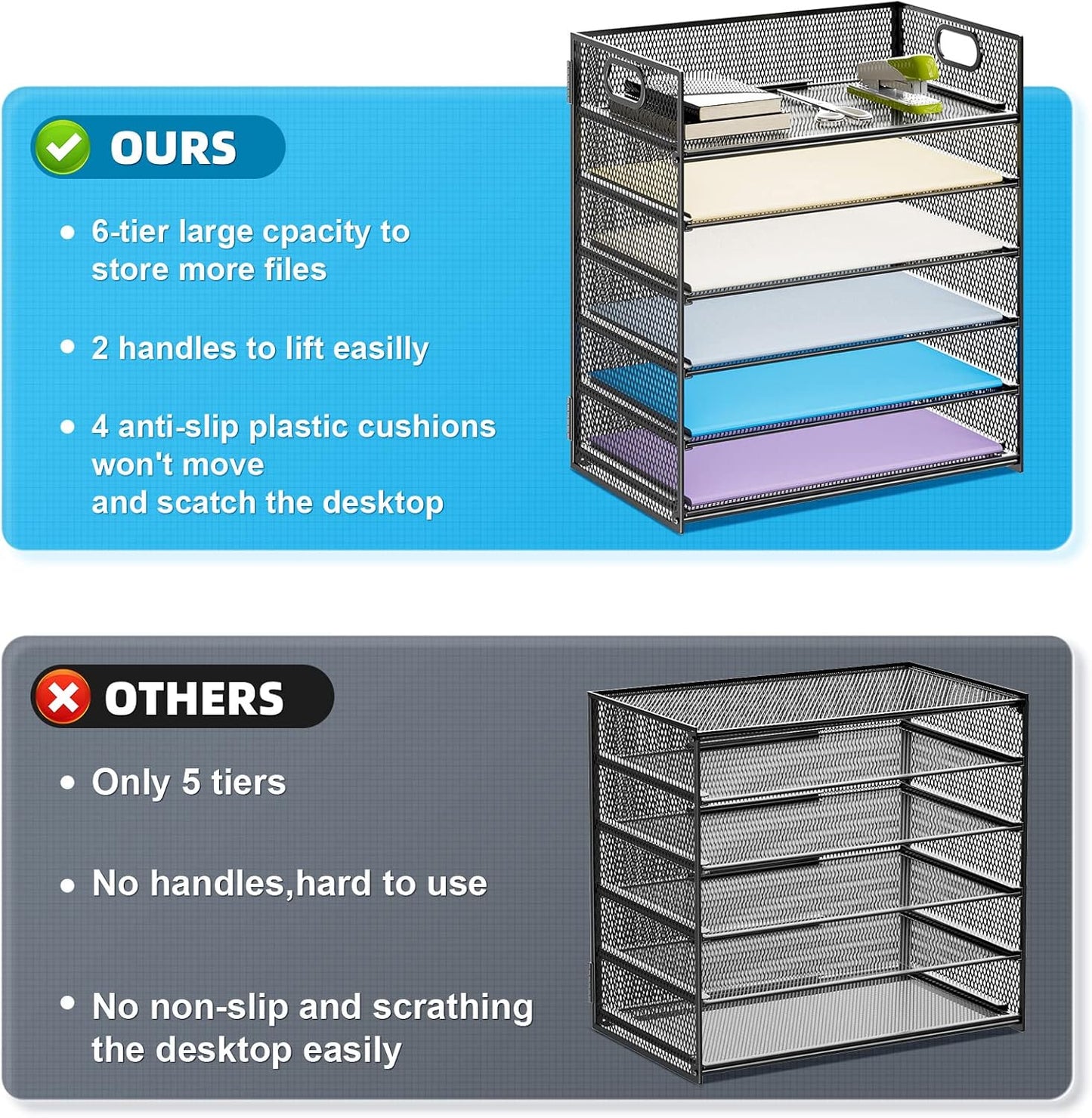 Marbrasse 6 Tier Paper Organizer Letter Tray - Mesh Desk File Organizer with Handle, Paper Sorter Organizer for Letter/A4 Office File Folder Holder - Black