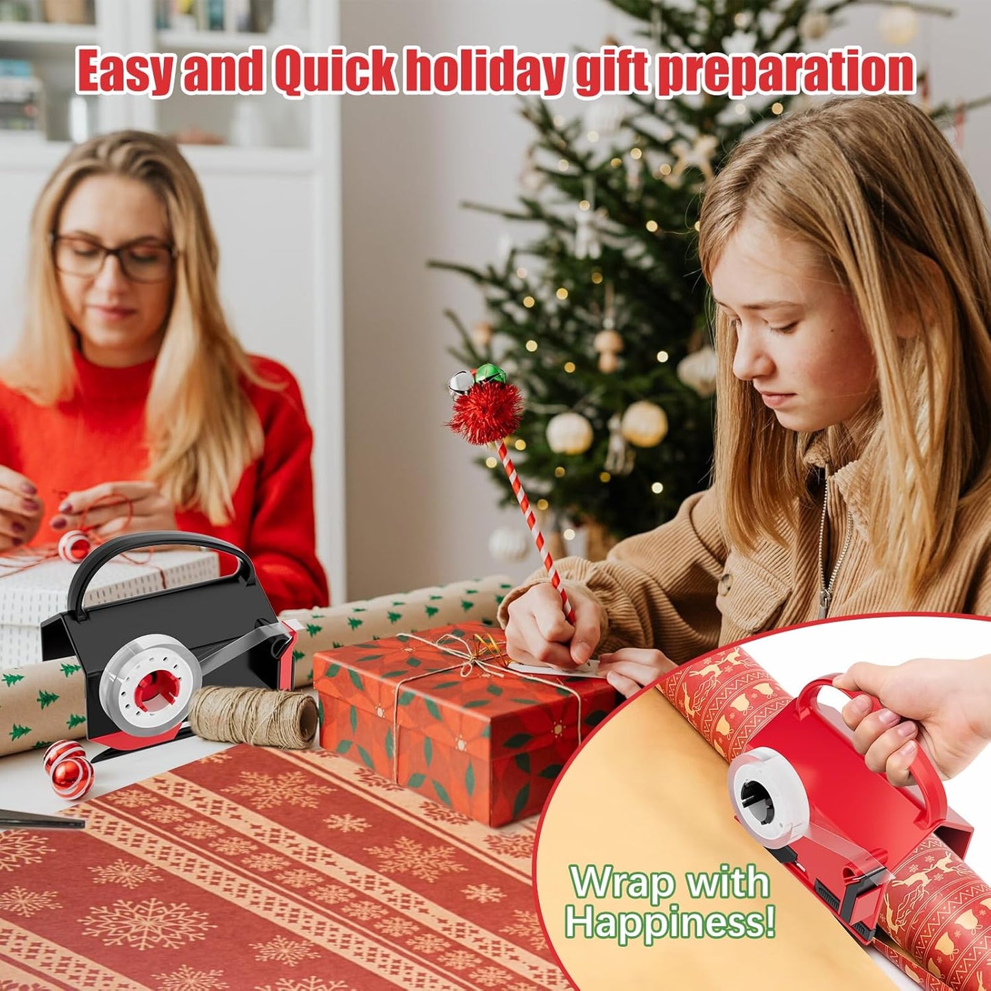 2-Pack Wrapping Paper Cutter & Tape Dispenser for Christmas Gift, Improve Gift Packaging Efficiency, Makes The Cutting line straighter, Cutting Tool with 4 Tapes，2 Replace Blades Kit, Red and Black