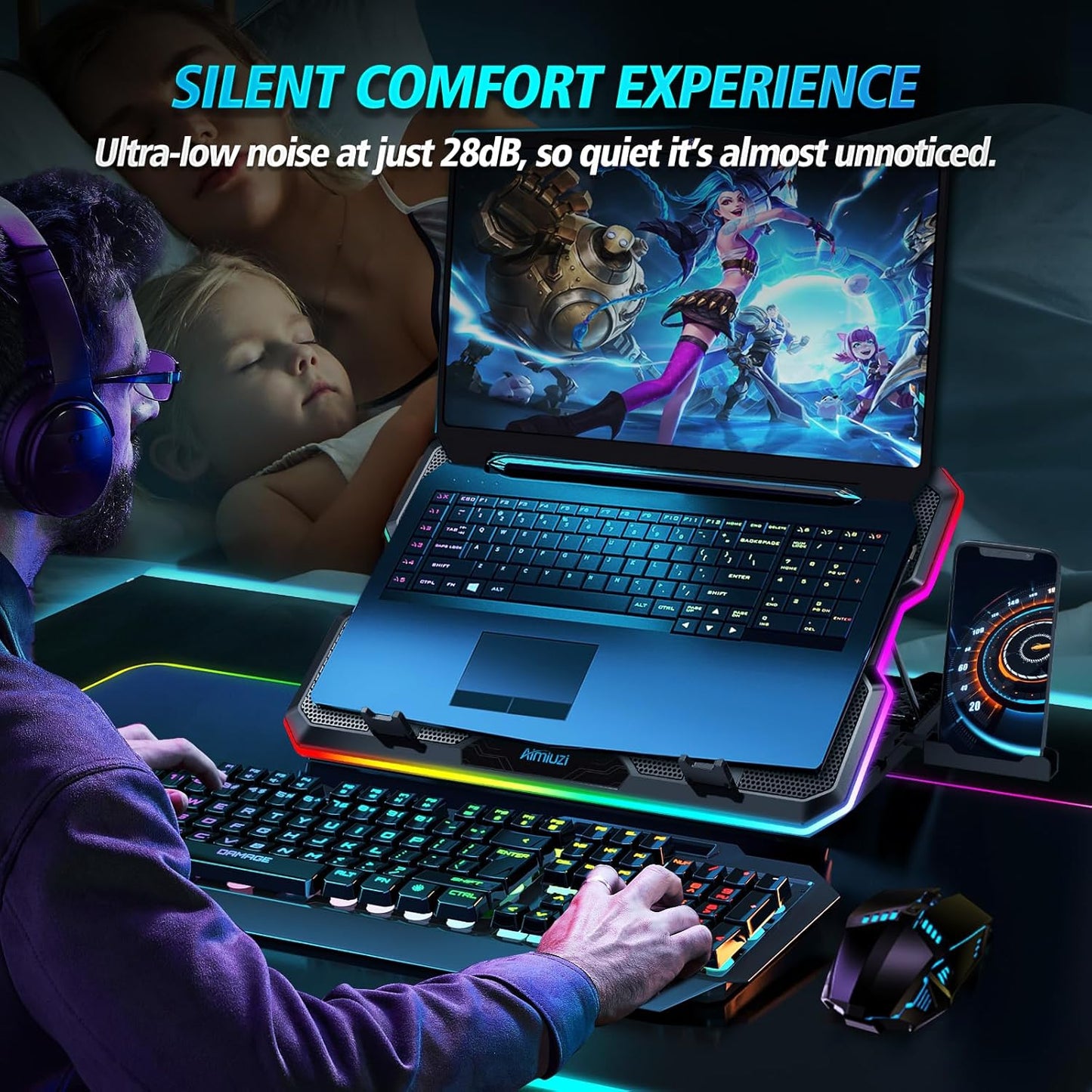Gaming Laptop Cooling Pad, Laptop Cooler with 15 Quiet Fans for 12-17.3 Inch Notebook, Slim Portable Laptop Cooling Stand with 7 Height Adjustable, 2 USB Ports, Phone Stand