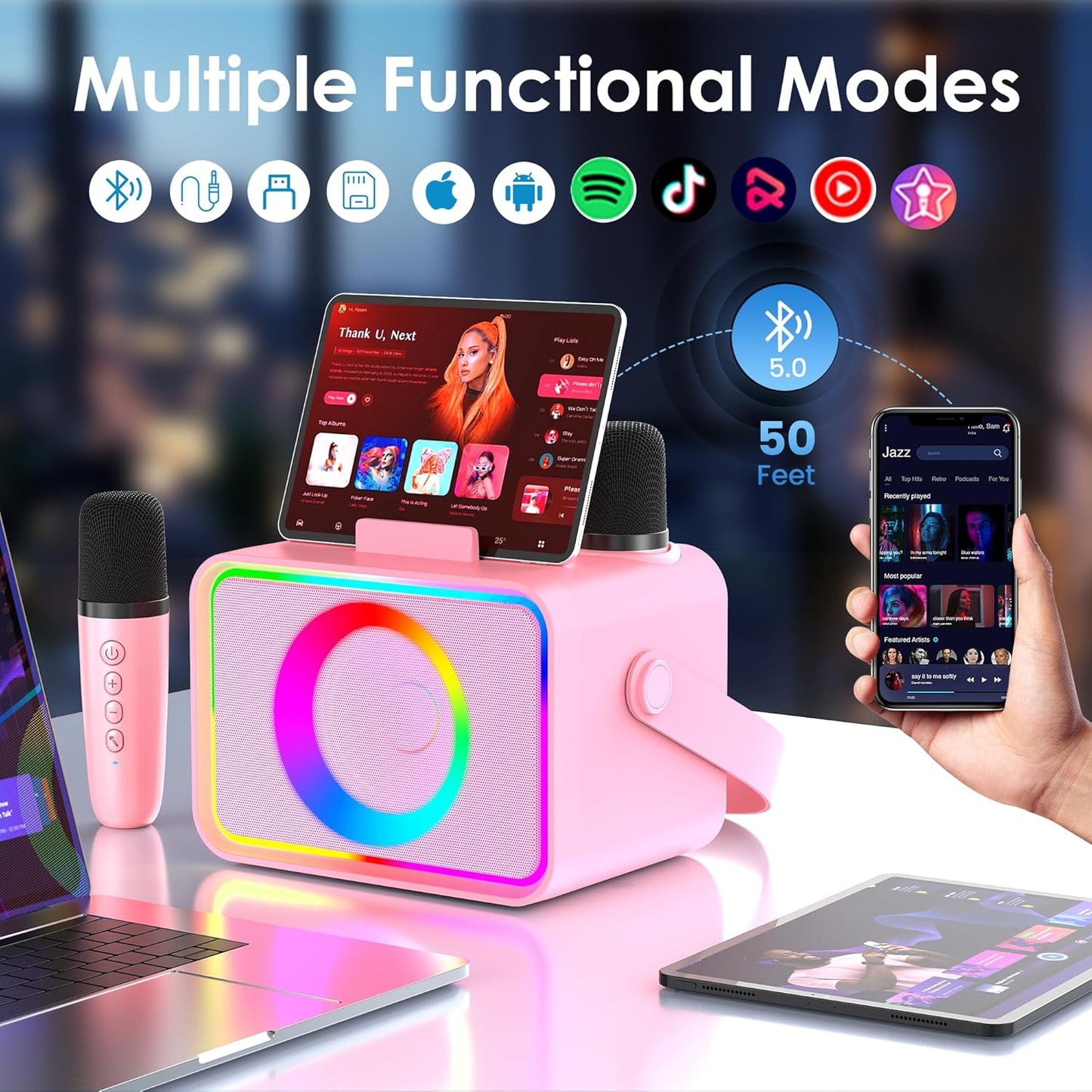 Karaoke Machine,Portable Bluetooth Speaker with 2 Wireless Microphone for Adults & Kids with LED Lights, Karaoke Microphone with PA System Supports USB/TF/AUX,Gift for Party (Pink)