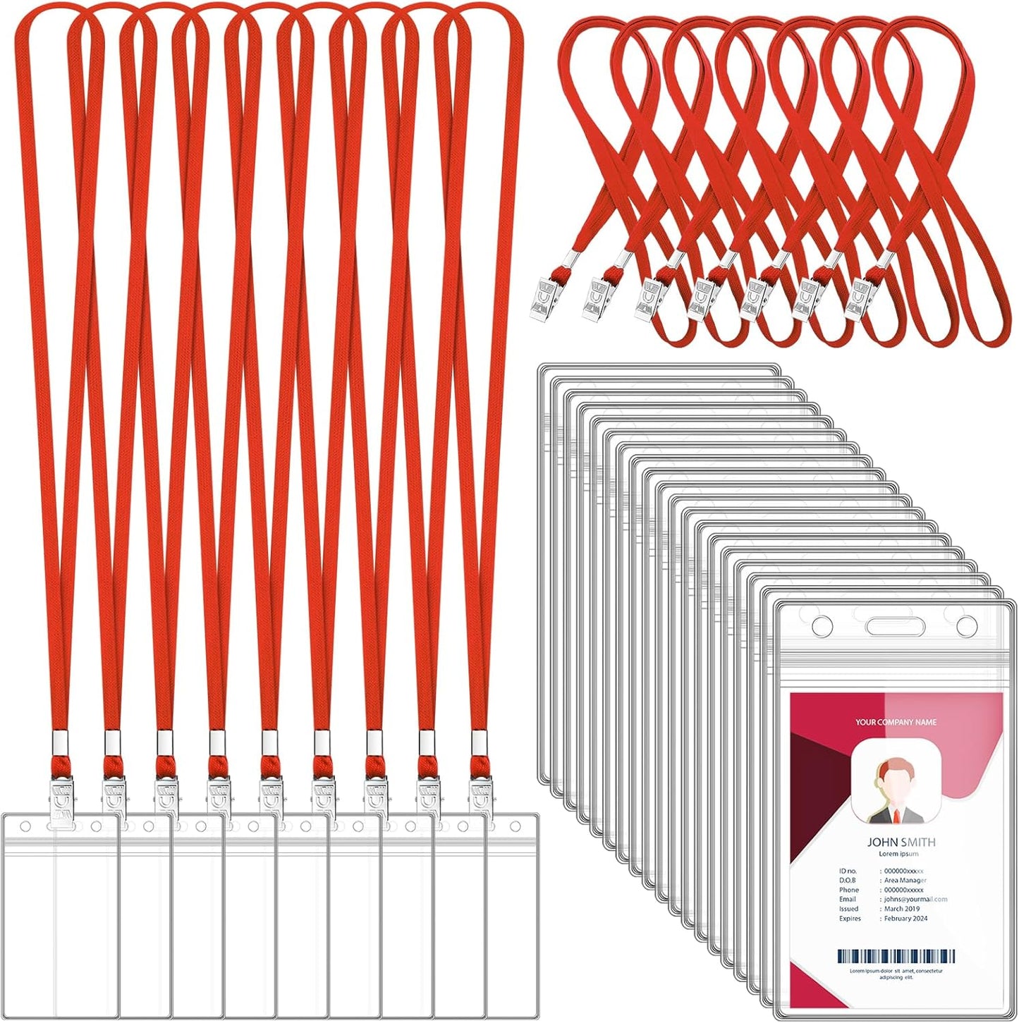 100 Sets Lanyards for Id Badges and Clear Plastic Vertical Name Badge ID Card Holders, Flat Neck Lanyards with Clip Waterproof Resealable Name Tag Badge ID Card Holders, Red