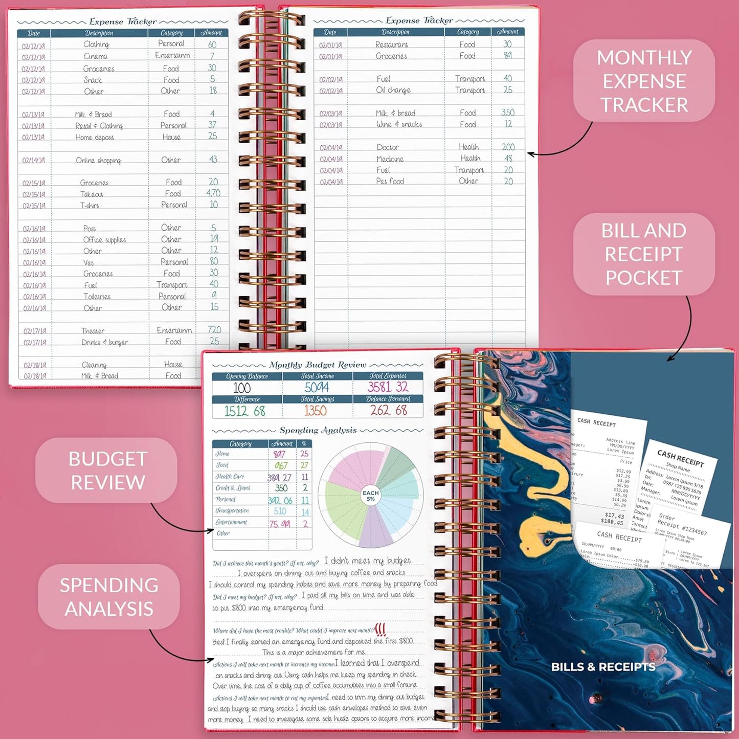 GoGirl Budget Planner & Monthly Bill Organizer – Monthly Financial Book with Pockets. Expense Tracker Notebook Journal, Compact (Hot Pink)