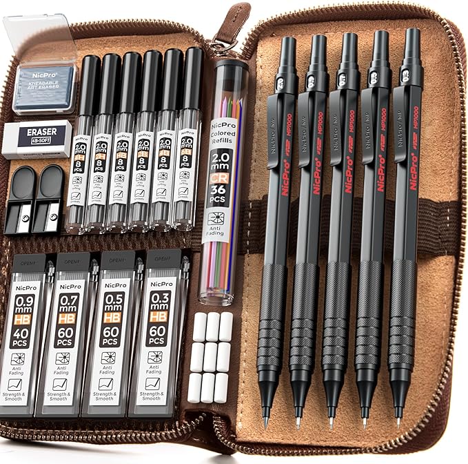 Nicpro 20PCS Black Metal Mechanical Pencil Set in Leather Case, Drafting Pencil by Nicpro