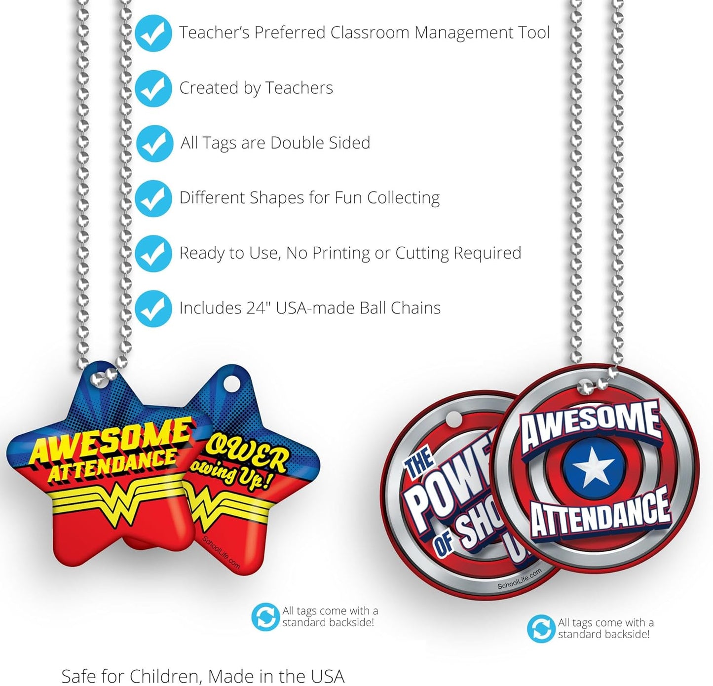 Awesome Attendance Heroes Brag Tag Value Pack to Improve Student School & Classroom Attendance: 100 Tags (10 Tags for Each Design) + 25 USA-Made 24" Hypoallergenic Aluminum Safety Chains