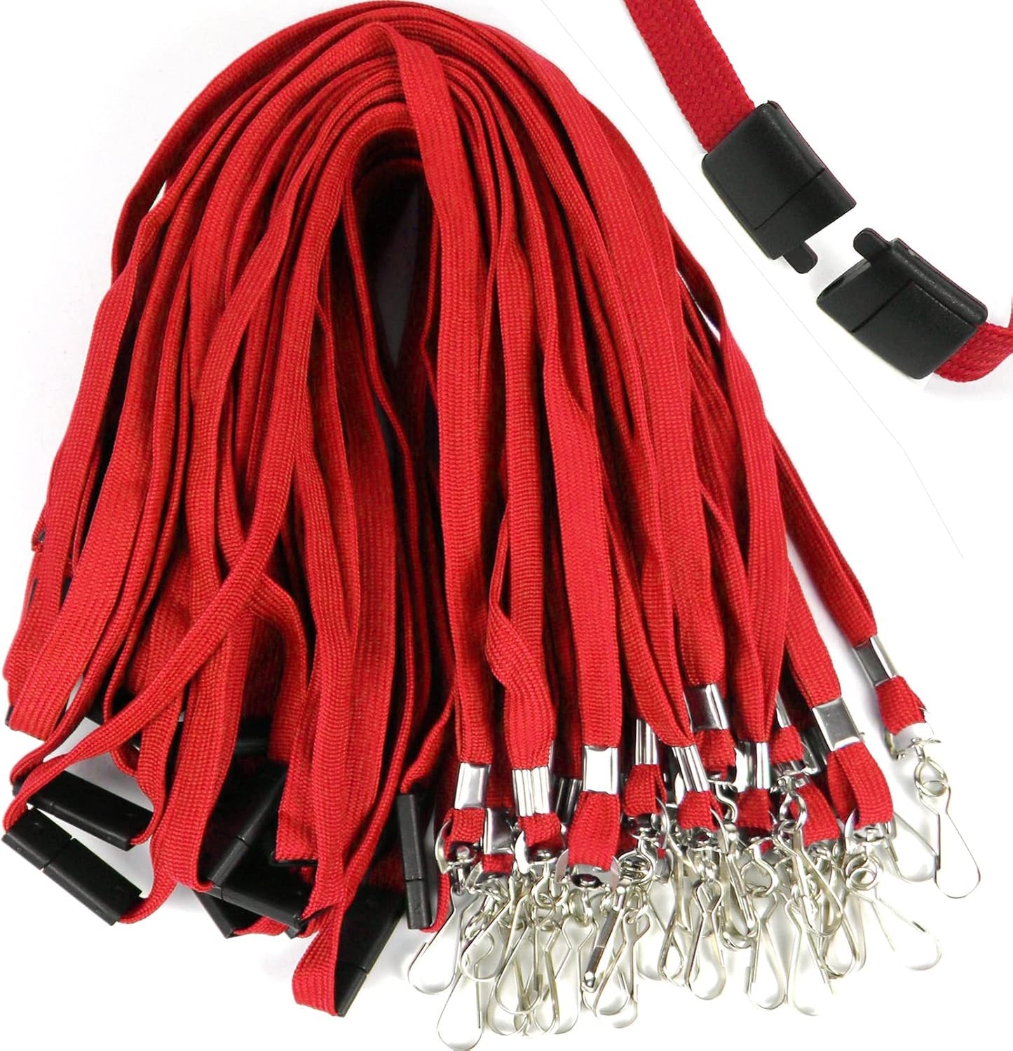 Safety Breakaway Lanyard With J-Hook for ID Badges, Cruise, Business Card, NameTag Holder - Premium Flat Lanyards for Women/Men, Employees, Students (Red, Breakaway 100 Pack)