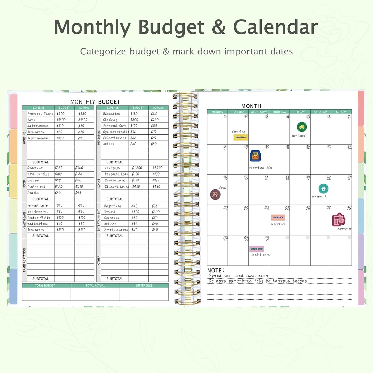 Ospelelf Budget Planner - Monthly Budget Book with Expense Tracker Notebook, Undated 12 Month Bill Organizer & Finance Planner, A4 Account Book with 12 Index Pockets, Zipper Pouch, Stickers(Green)