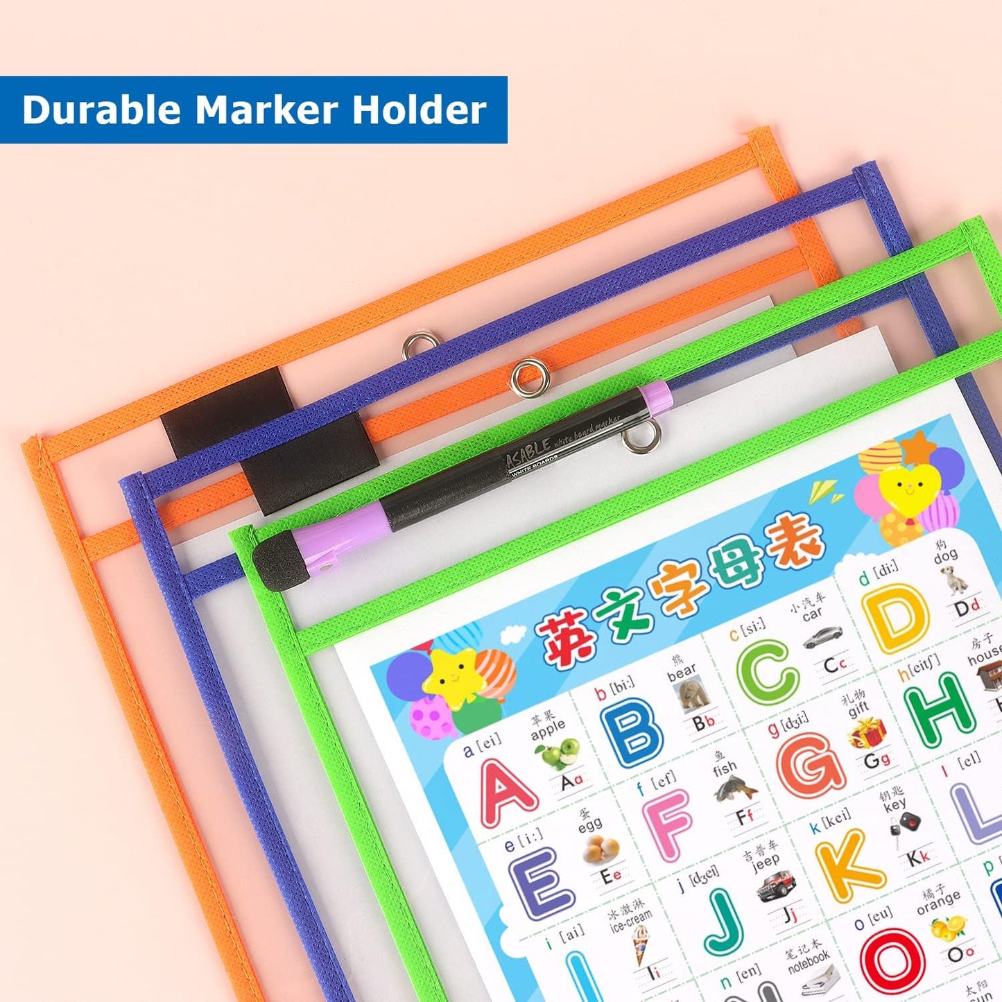 Tamaki 8 Pack Dry Erase Pockets Sleeves with Rings, 10 x 14 Inch Ticket Holders Clear Plastic Sheet Protectors for Teacher Classroom Supplies, 8 Assorted Colors