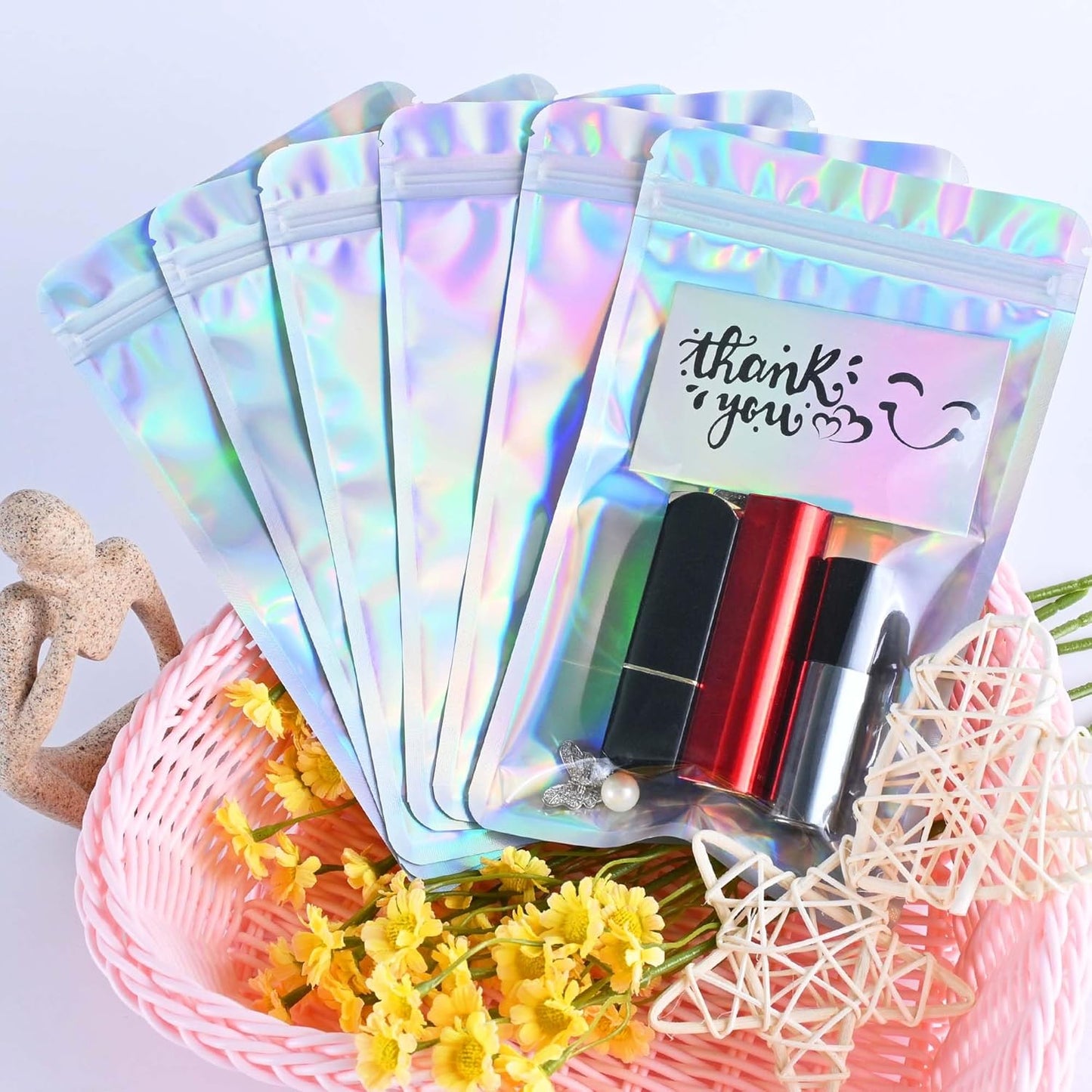 Resealable Mylar Pouch Bag Great for Office Home Party Favor Food Storage (100PCS, Holographic Color, 2.4 x 4 inch)