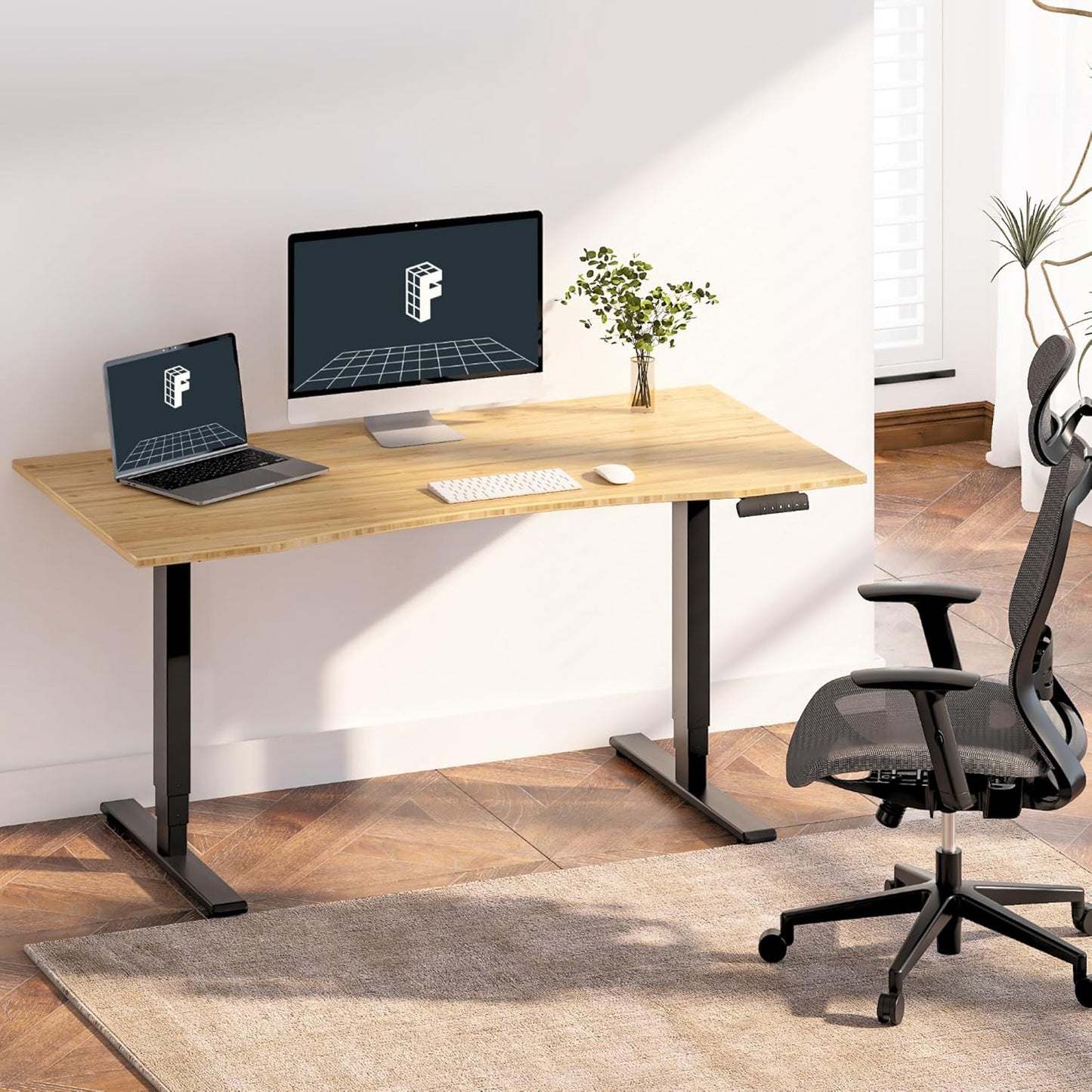 FLEXISPOT E6 Essential Bamboo 3 Stages Dual Motor 55x28 Inch Electric Height Adjustable Standing Whole-Piece Board Desk Sit Stand Up Desk (Black Frame + Bamboo Curved Desktop)