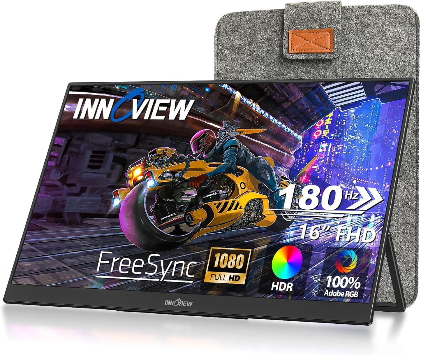 InnoView Portable Monitor, 16" 1200P FHD 180Hz 100% sRGB, Portable Gaming Monitor with Sleeve, USB-C Mini HDMI Portable Laptop Monitors for Laptop, Phones, MacBook, Tablet, PS4/5, Switch, Xbox