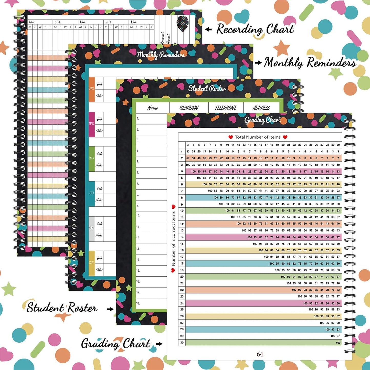 Faccito 8.3'' x 11'' Teacher Record Book 2025 Grade Book Undated Attendance Register Class Student Roster Monthly Reminder Grading Chart Gift for Elementary Classroom School Office(Colored Dot Style)