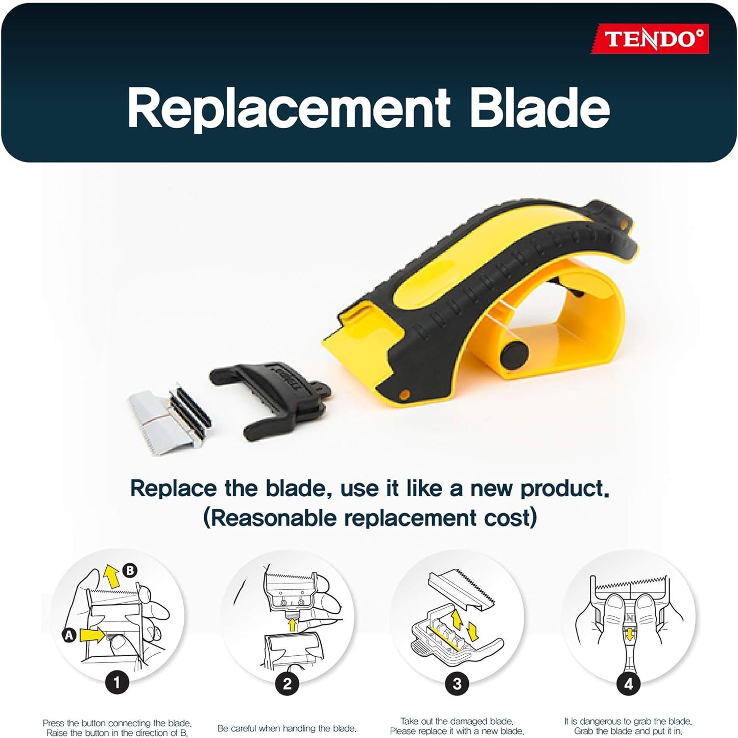 Heavy Duty Shipping Tape Dispenser: TENDO° Essential Line – Reusable, Replaceable, Eco-Friendly 2’’ Master Piece Dispenser with Patented 10° Sloped Chromium Blades - P-1200 (3th Gen.)_Yellow