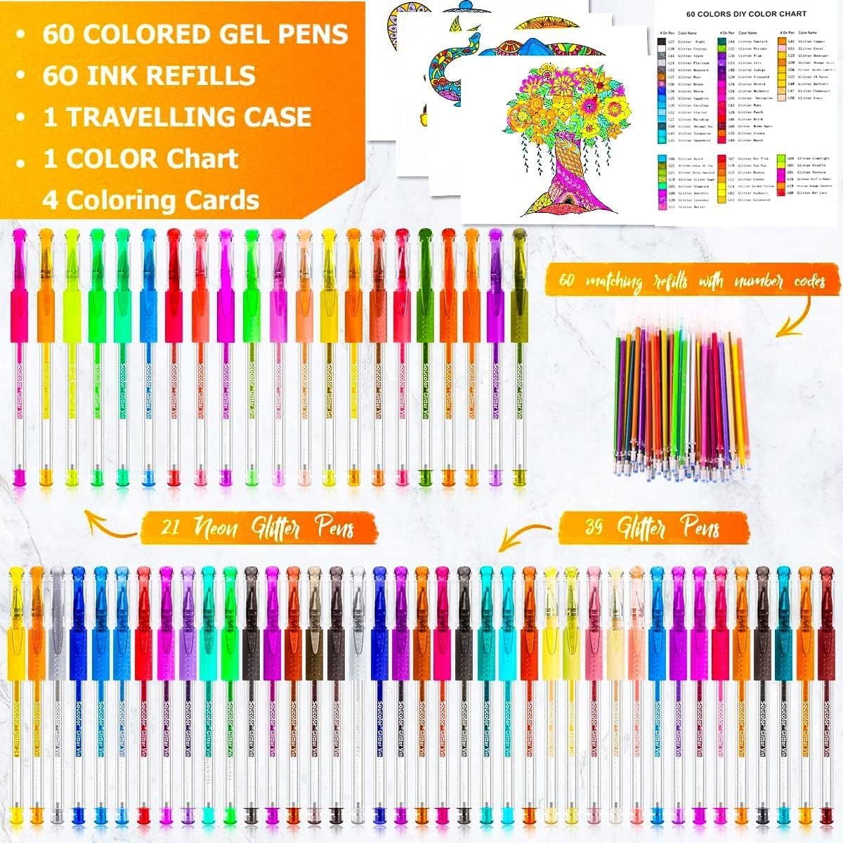 Soucolor Cute Office School Supplies Gifts for Women Teen Girl Birthday, 120 Pack Glitter Gel Pens-60 Glitter Pens, 60 Refills and Travel Case, Japanese Stationary Nurse Cool Gifts for Coworkers