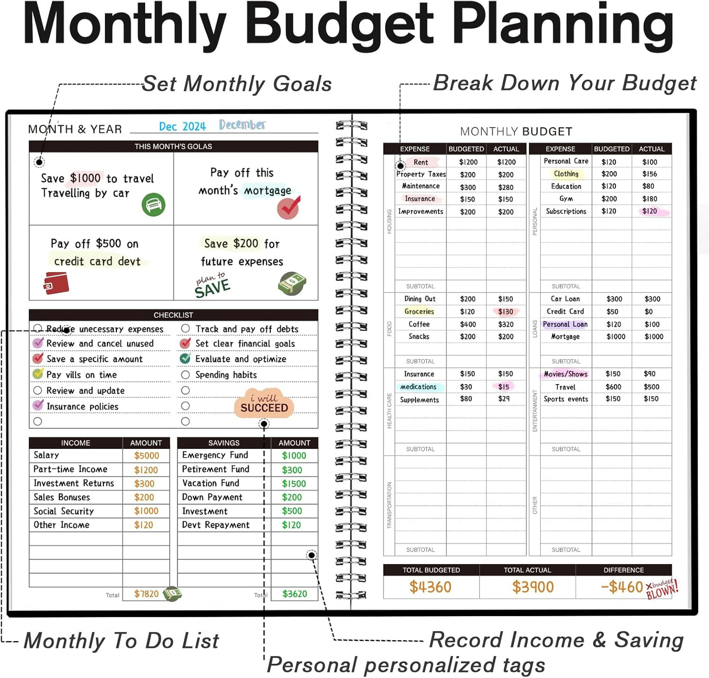 Budget Planner-Monthly Budget Book with Expense Tracker Notebook/Accounting Book, A5 Monthly Financial Organizer Planner, Manage Your Money Effectively, Start Anytime, 1 Year Use, Black