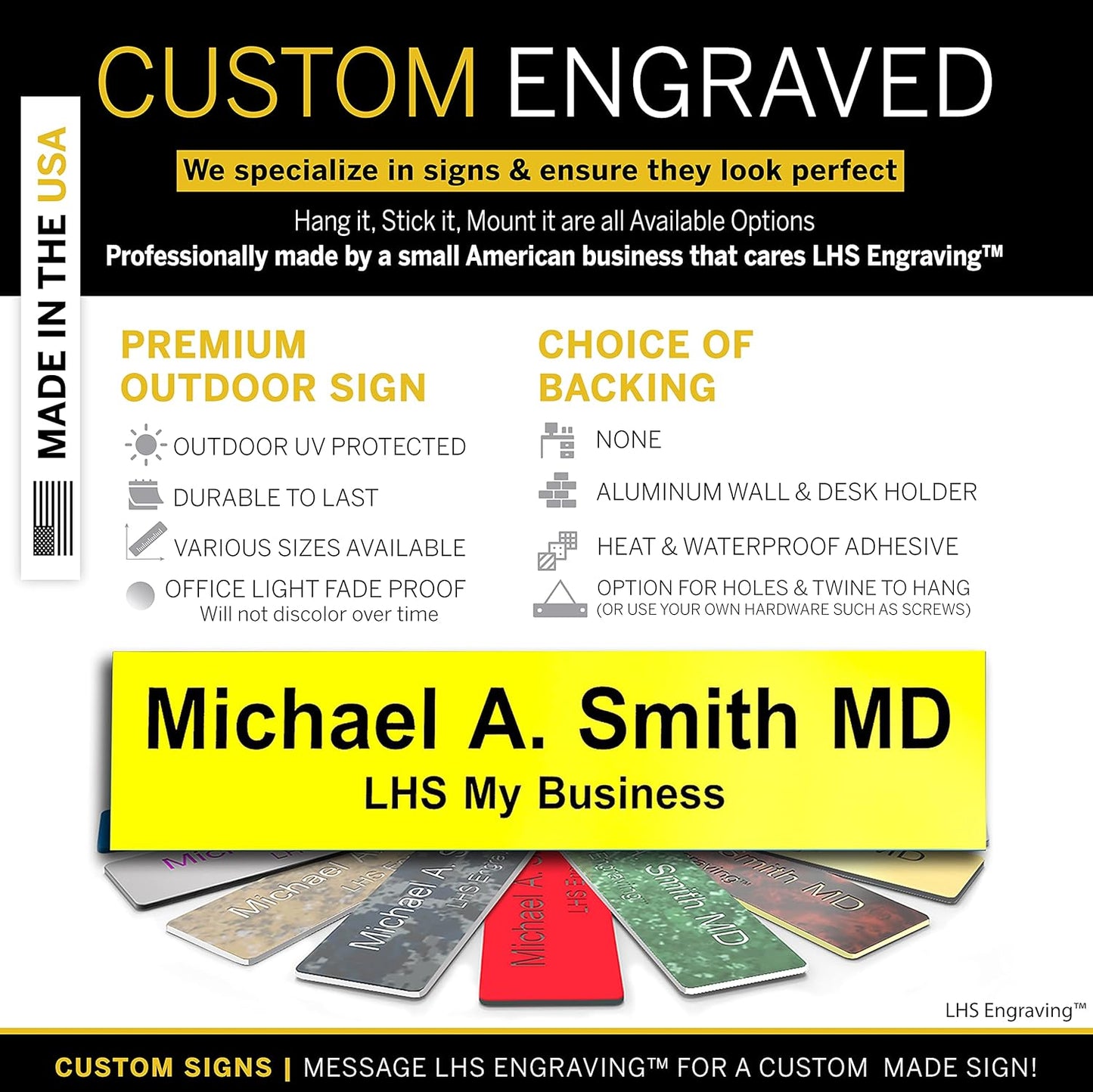 Door Name Plate Personalized for Office Yellow Plastic Name Plate Black Letters - Made in USA 2x6 B4