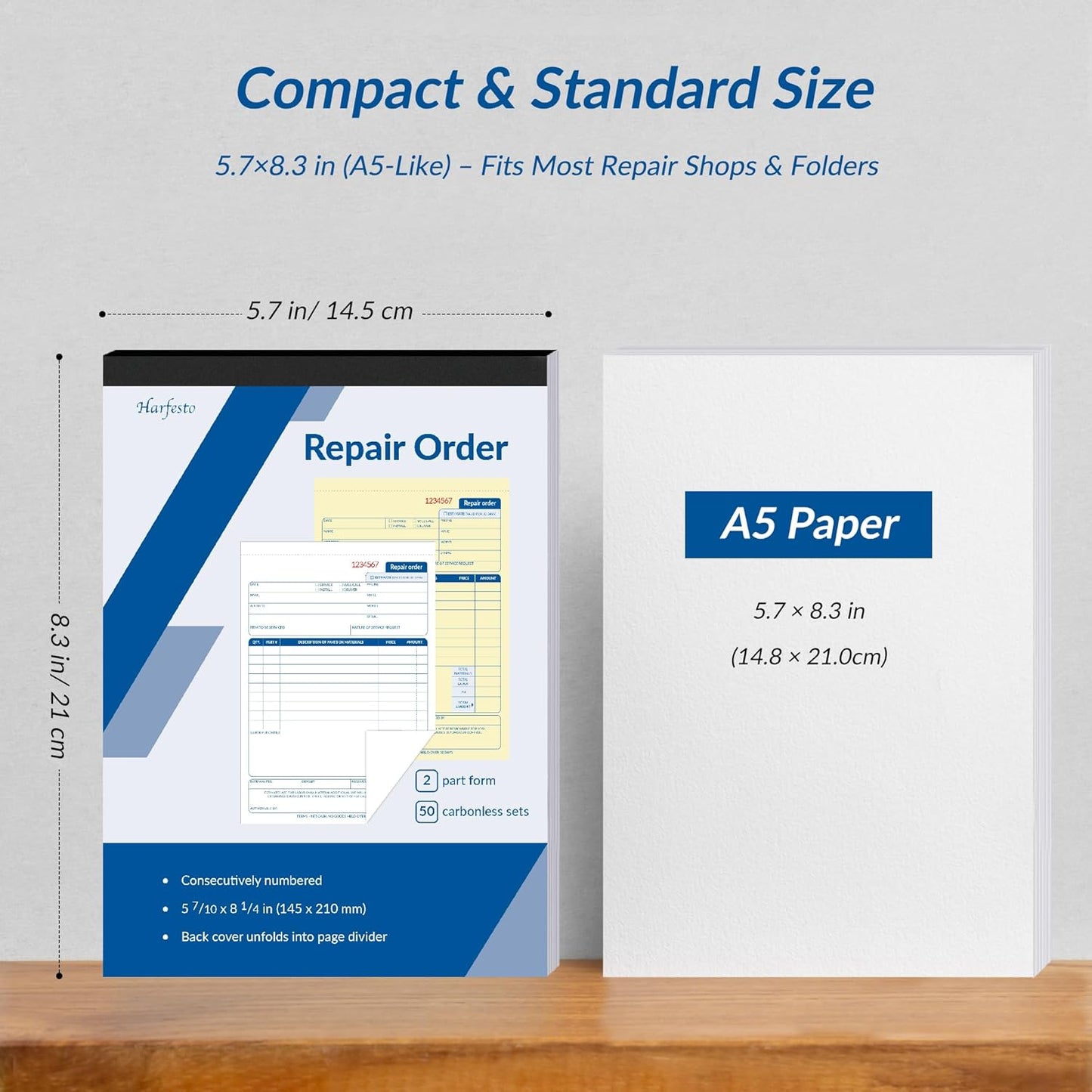 Repair Order Book, 2 Part Carbonless Job Work Order Forms - White/Yellow, 5-7/10 x 8-1/4 Inches, Invoice Receipt Book for Small Business, Consecutively Numbered, 400 Sets (8 Packs)