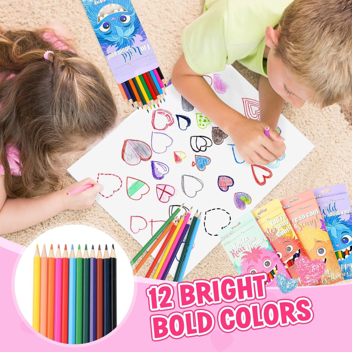 MOVINPE Valentines Day Gifts for Kids Classroom - 28 Pack Pre-Sharpened Colored Pencils Set Valentines Exchange Gifts, School Class Prizes Monster Themed 12 Assorted Colors 336 Count