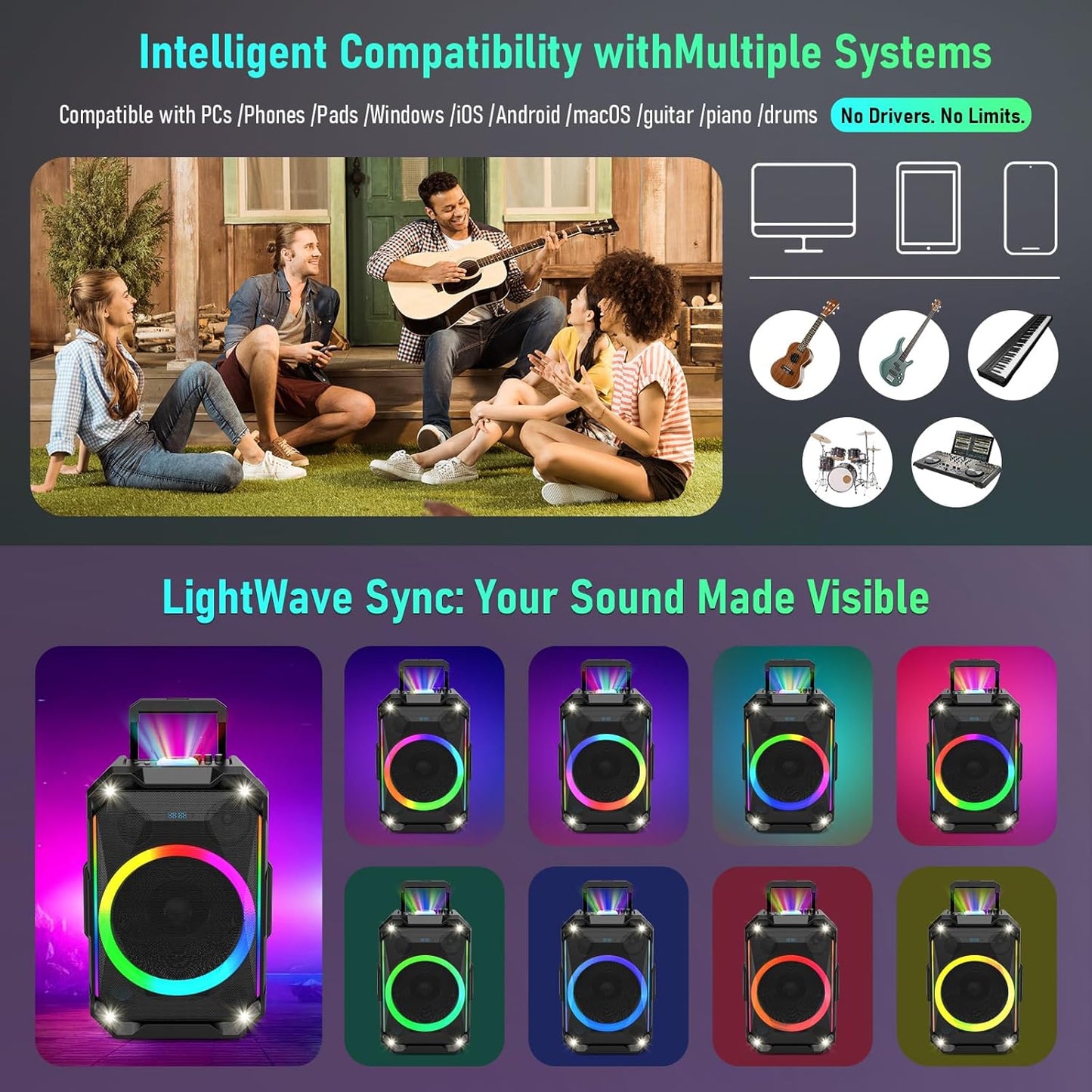 Portable Karaoke Machine for Adults, 12" Big Bluetooth Party Speaker with 2 Wireless Mics for Adults & Kids, 300W Peak Power,Karaoke Microphone with PA System Supports USB/TF/REC/FM/AUX