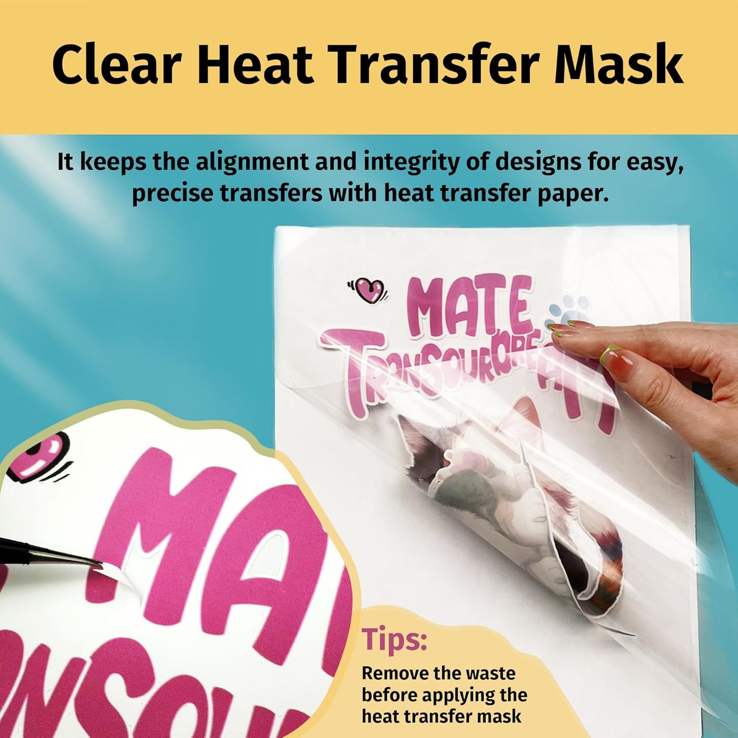 TransOurDream Tru-Heat Transfer Mask for Light T Shirts Transfer Paper (10 sheets, 8.5"x11") Clear Iron on Transfer Tape for Printable HTV Vinyl (TAPL-10)